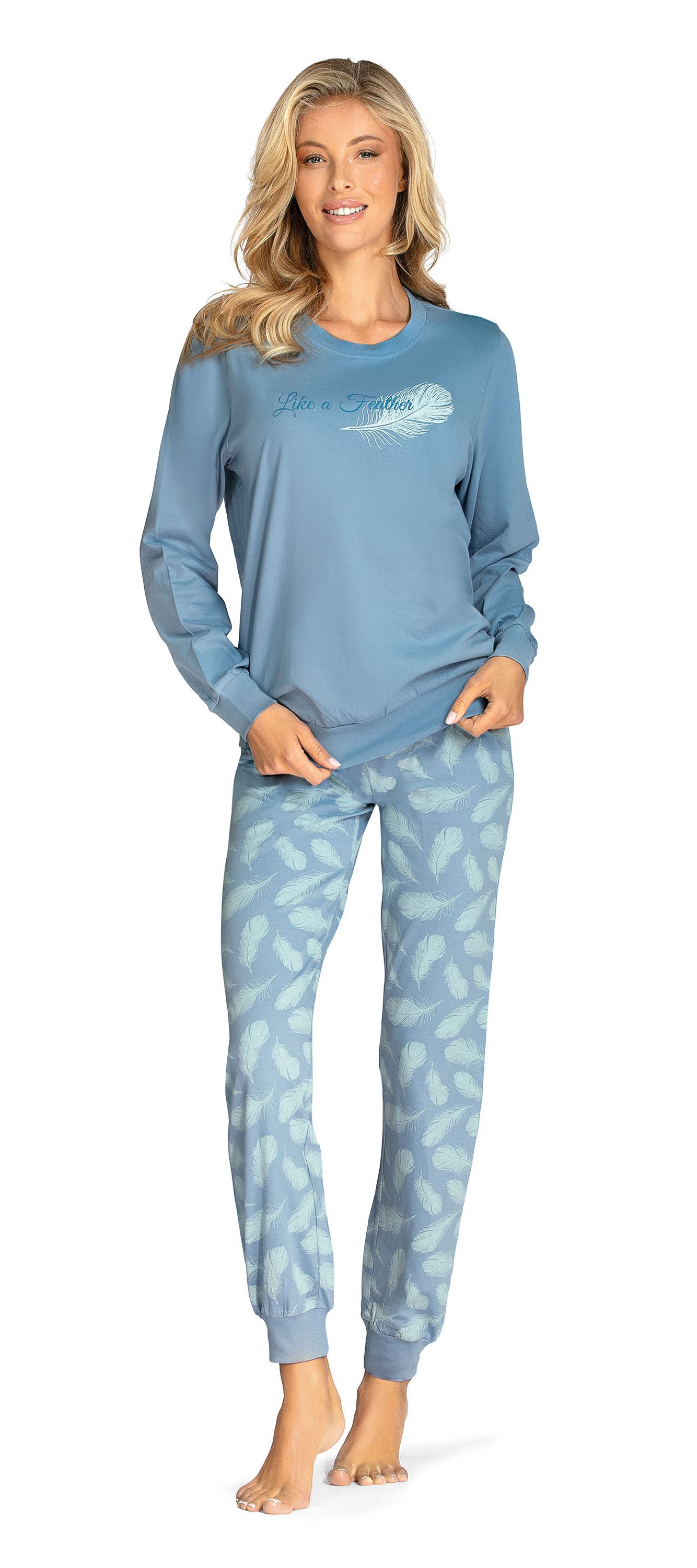 comtessa Schlafanzug Comtessa Damen Schlafanzug Langarm Bündchen Feder Blau (2 tlg)