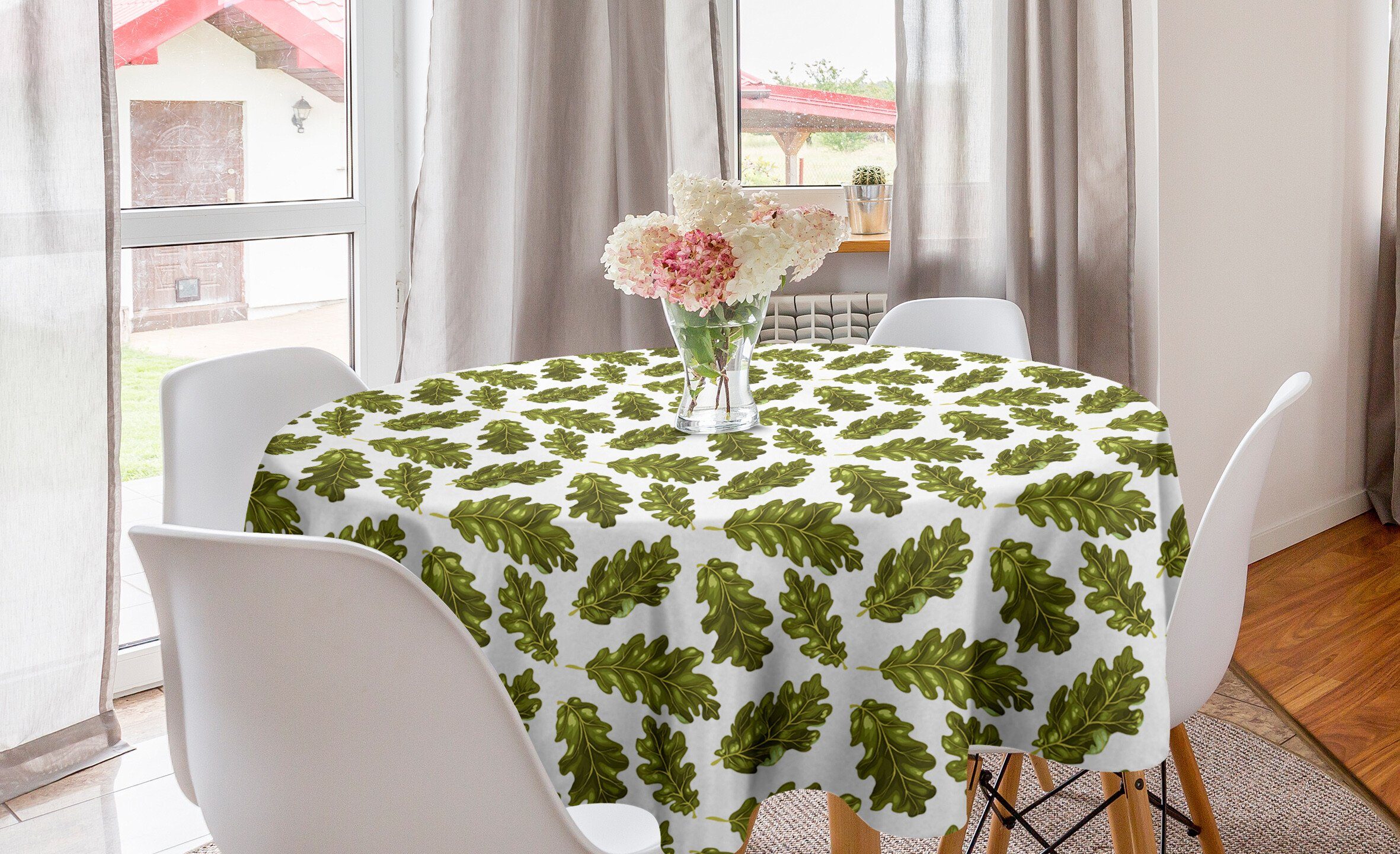 Abakuhaus Tischdecke Kreis Tischdecke Abdeckung für Esszimmer Küche Dekoration, Herbst Grüne Eichen-Blätter auf Saison
