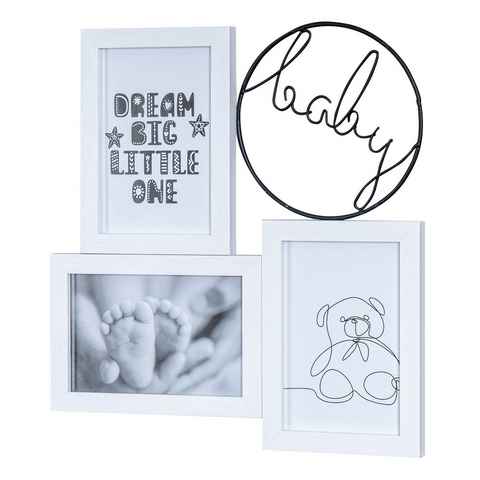 Levandeo® Bilderrahmen Collage, Bilderrahmen 29x31cm 3 Fotos 10x15 Baby Holz Weiß Metall Fotorahmen