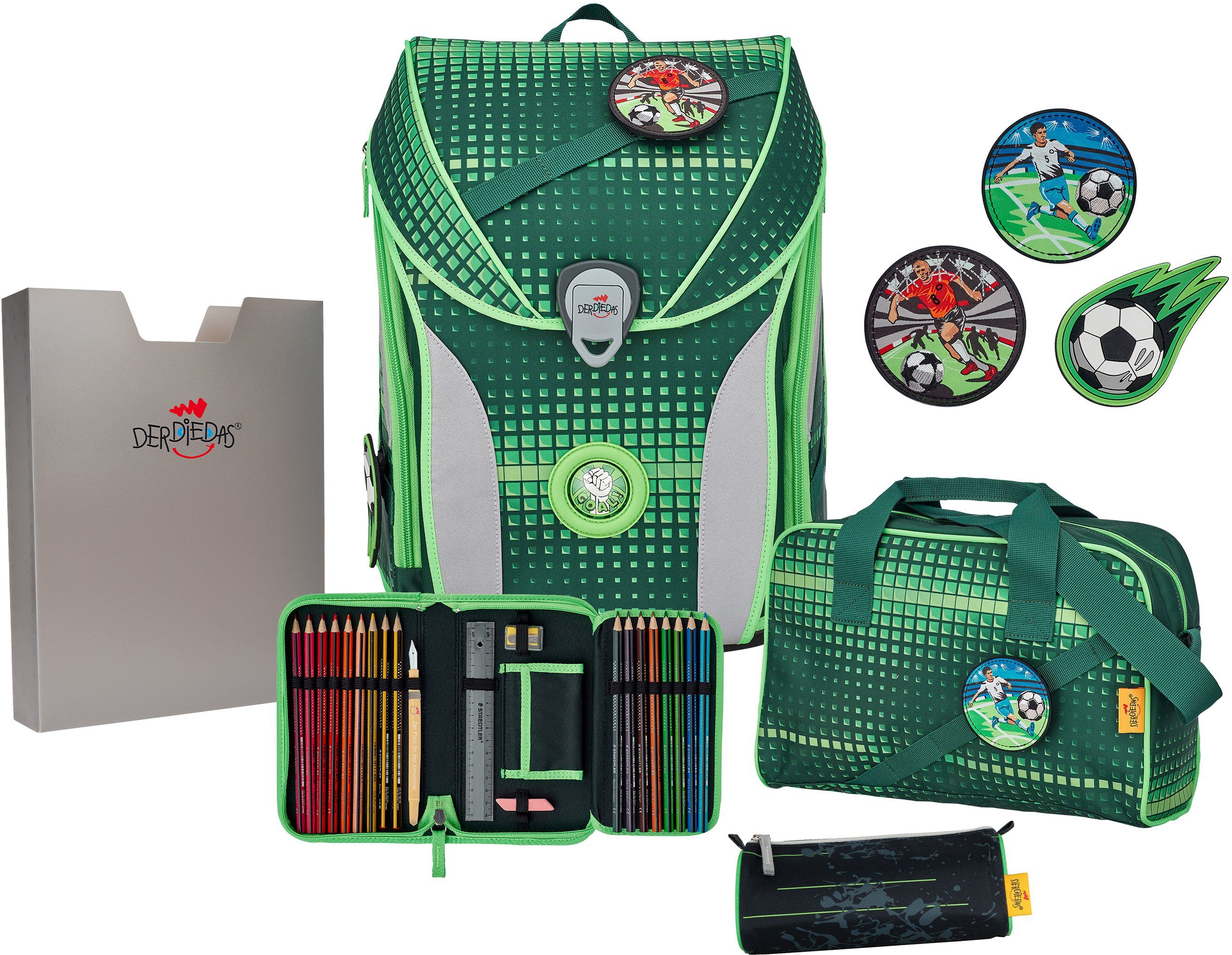 DerDieDas® Schulranzen ErgoFlex MAX, Soccer Green (Set), mit 3 Buttons; enthält recyceltes Material (Global Recycled Standard)