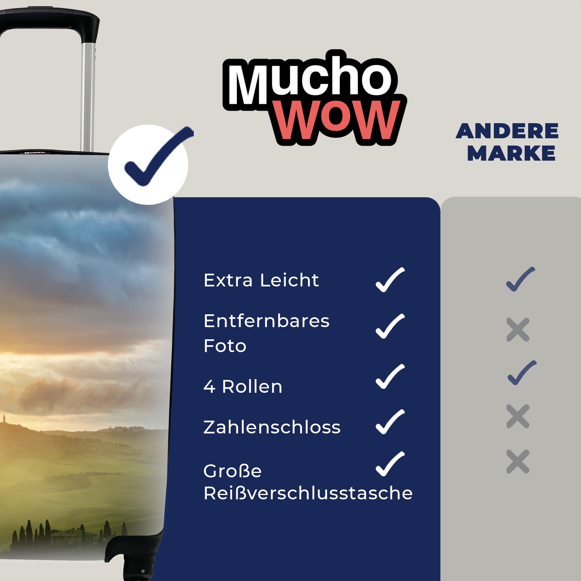 MuchoWow Handgepäckkoffer Ferien, - Berg Trolley, Sonne Handgepäck 4 rollen, für Rollen, Nebel mit Reisetasche Toskana, - Reisekoffer 