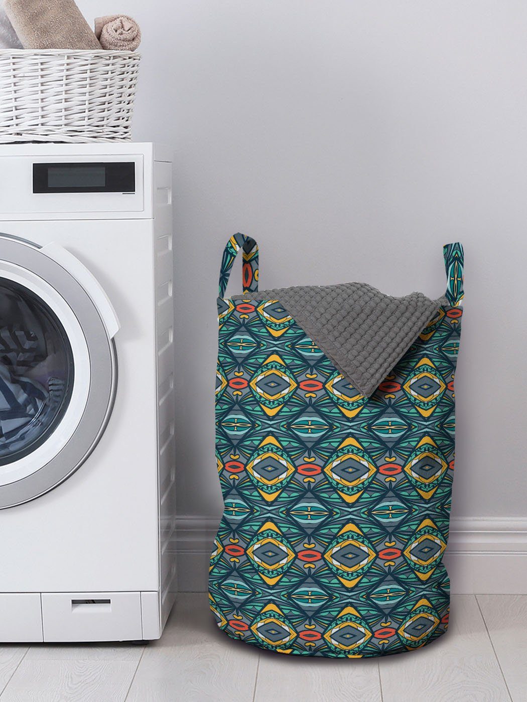 Einflüsse Abstrakt Ornament Wäschekorb Wäschesäckchen Folk Kordelzugverschluss für Waschsalons, mit Griffen Abakuhaus
