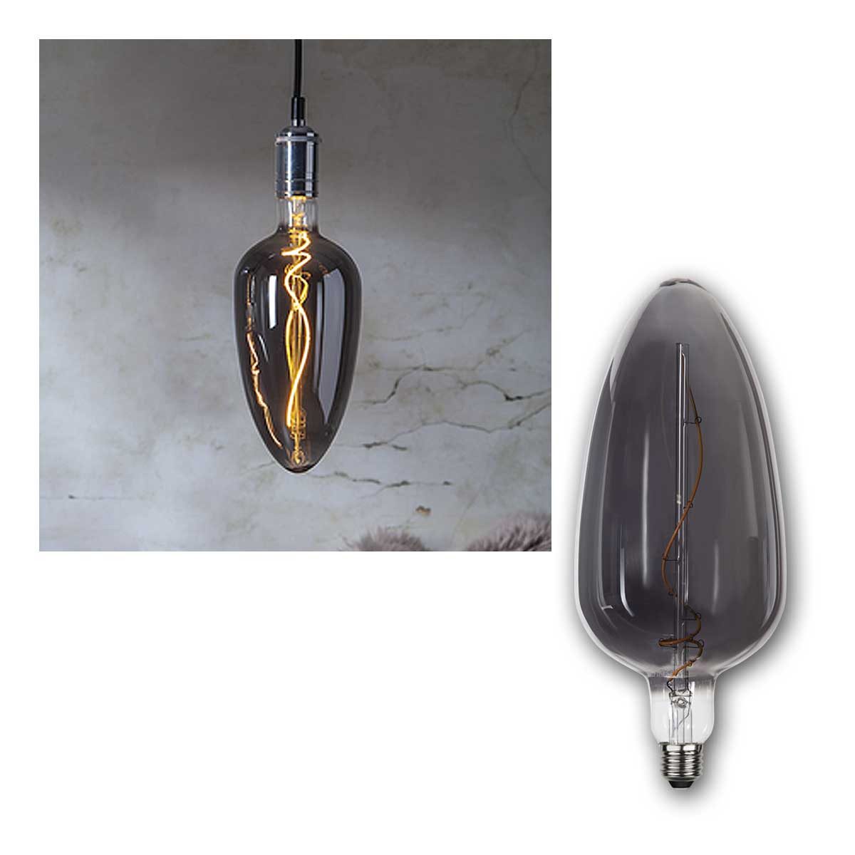 STAR TRADING LED-Leuchtmittel E27 Birne INDUSTRIAL-VINTAGE Rauchglas XL Kerze, warmweiß