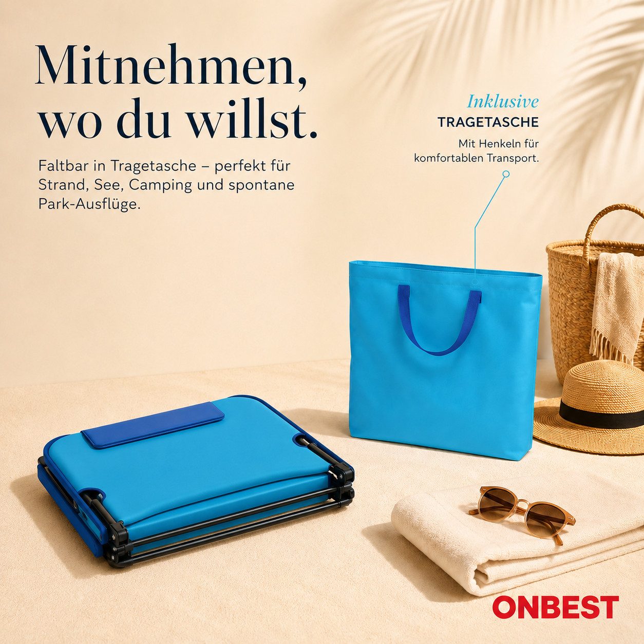 Onbest Campingliege Strandliege klappbar mit Nackenkissen Tragetasche, Stahlgestell, verstellbare Rückenlehne