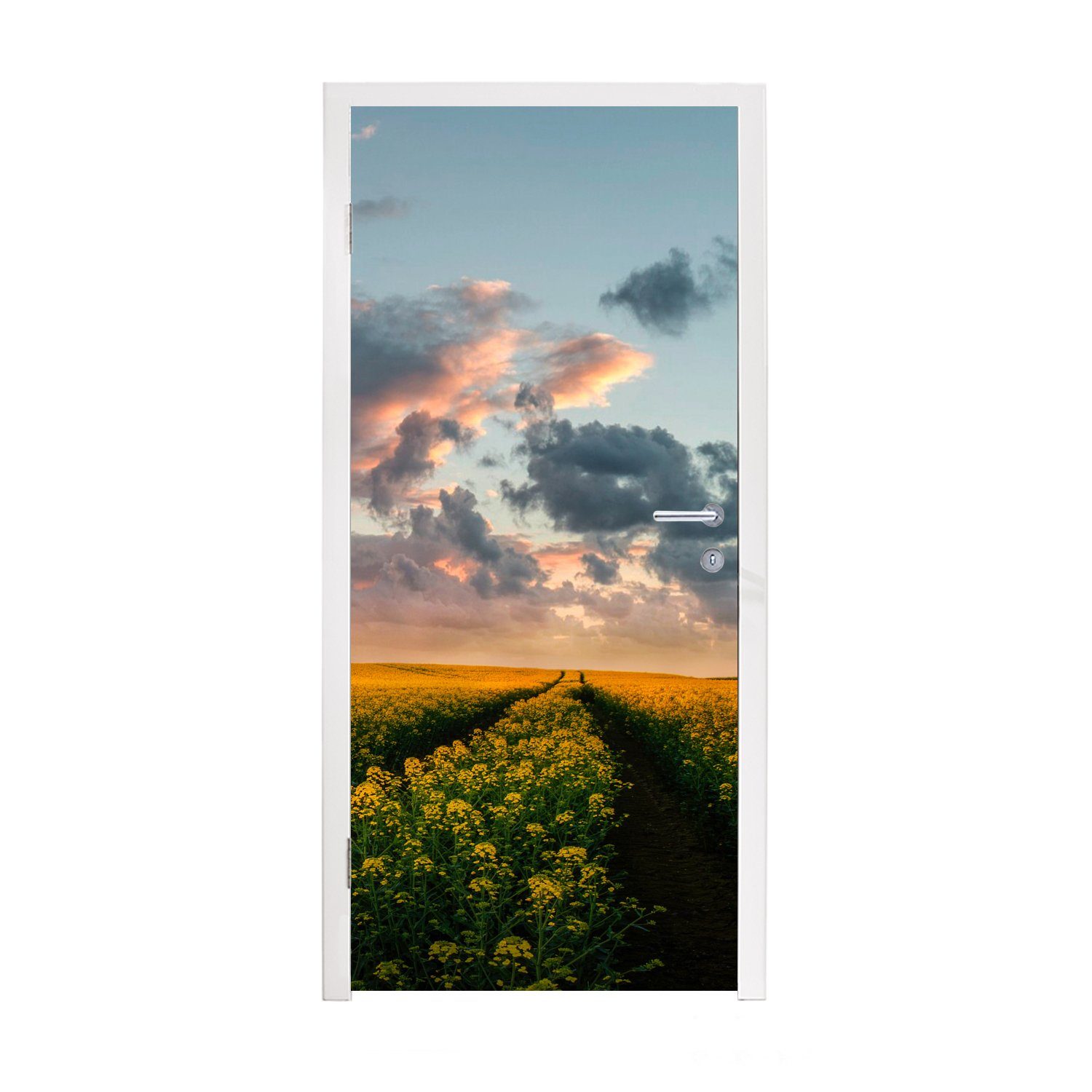 bedruckt, Tür, - St), MuchoWow 75x205 Fototapete Türaufkleber, (1 cm Türtapete für Matt, - Gelb Blumen Sonnenuntergang,