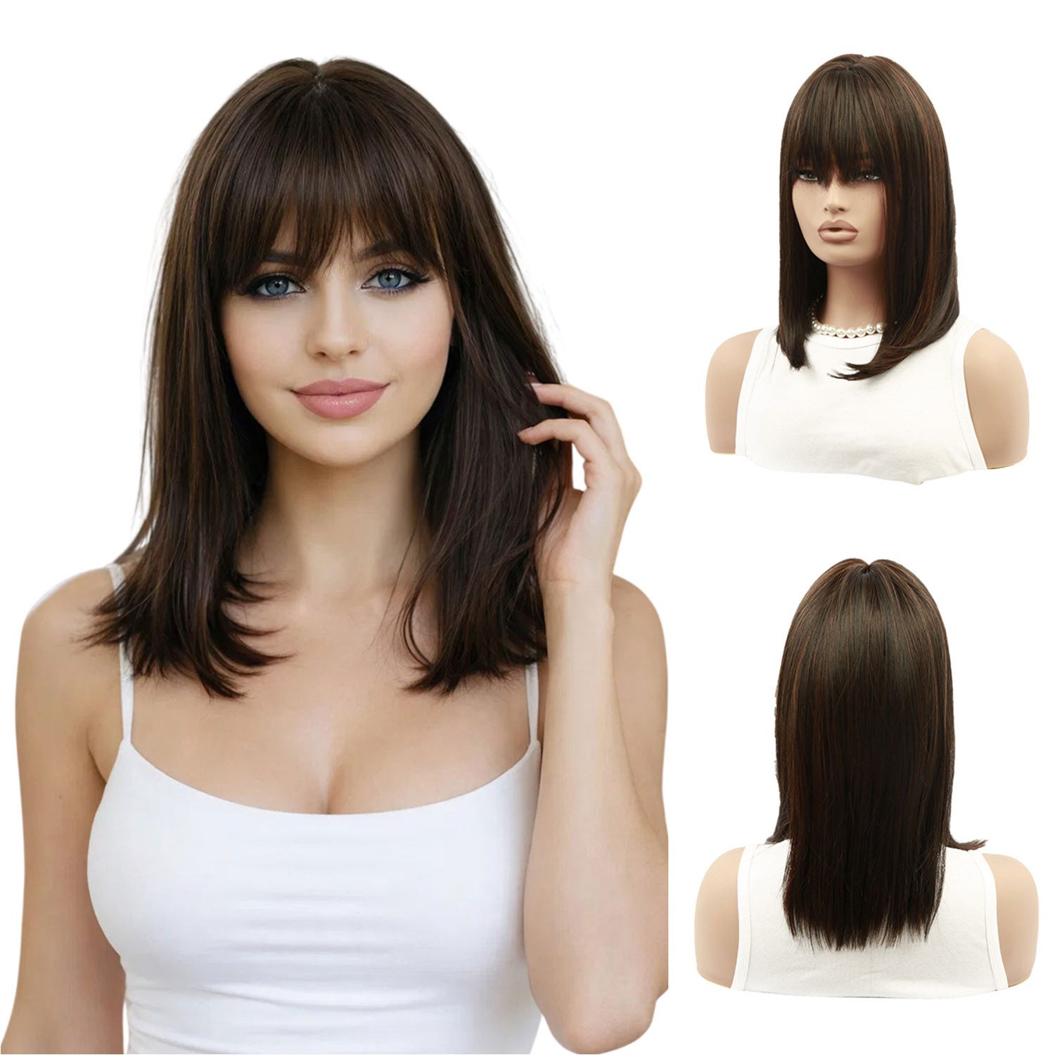 Refttenw Kunsthaarperücke 30 cm Perücke Damen Kurz mit Pony, Atmungsaktiv & Verstellbar, Schwarzbraun Komplettperücke für Style-Wechsel