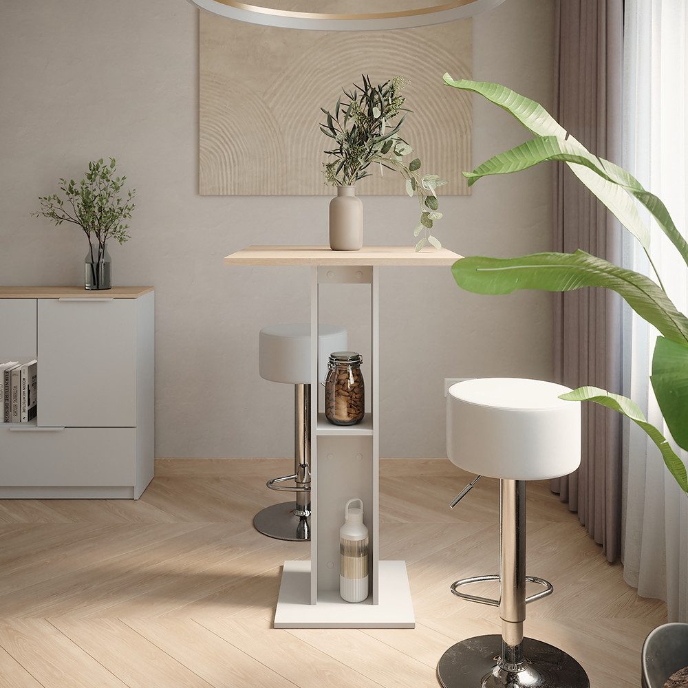 Vicco Bartisch Repose, Weiß/Sonoma/Weiß, 65 x 65 cm mit 2 Barhockern (3-St)