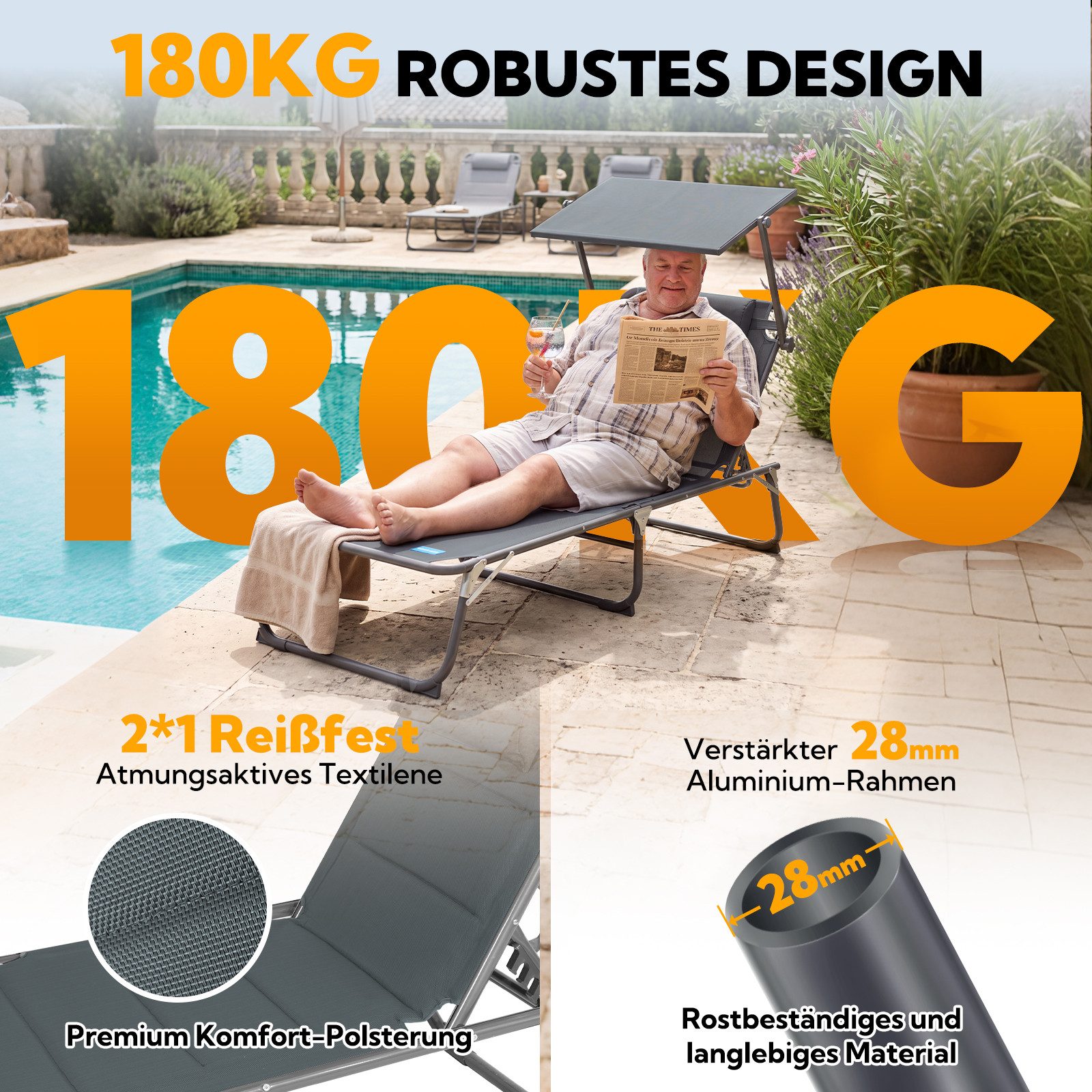HOMECALL Gartenliege Sonnenliege AluLiege Liegestuhl Strandliege Liegen wetterfest, klappbar, Textilene Mit Dickemschnelltrocknende Schaumstoffpolsterung, Verst – Bild 4 von 5