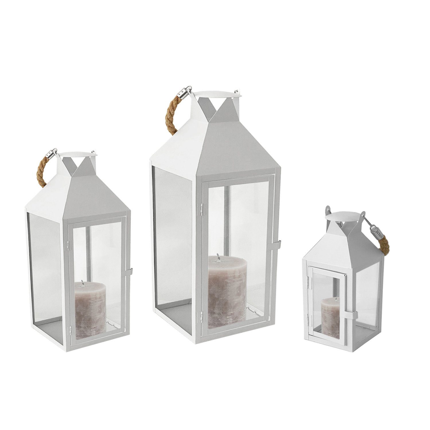 Mojawo Laterne 3er Laternen Stalllaterne Windlicht Weiß H25/40/51cm + Licht günstig online kaufen