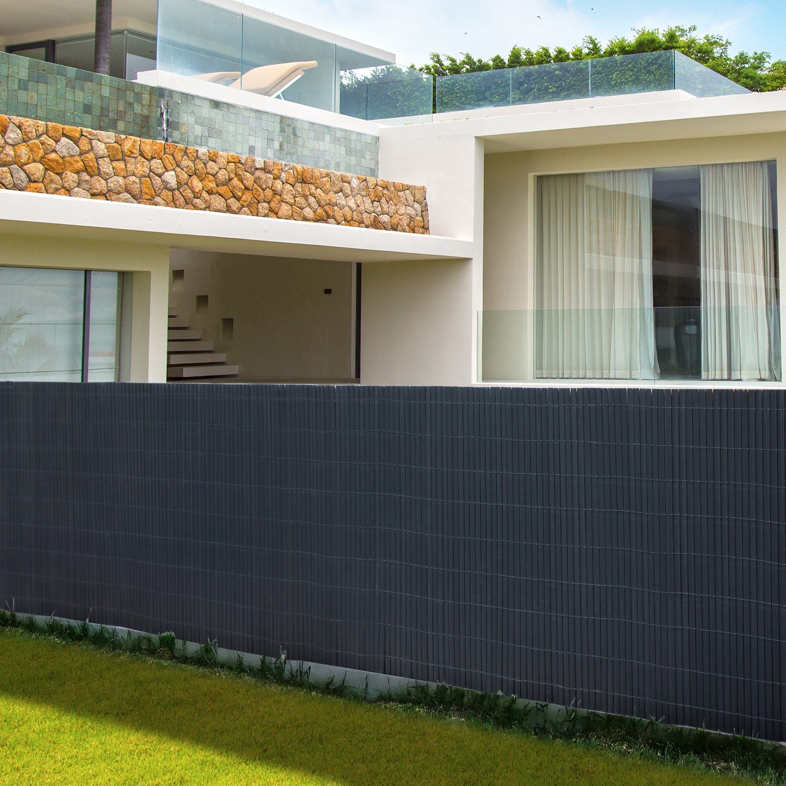 Wetterfest UV-beständig Grau Sichtschutz für Garten Terrasse Balkonumrandung mit verstärkten Lamellen Lospitch PVC Sichtschutzmatte Balkon Balkonverkleidung Bambuszaun 80 x 400 cm Kürzbar 