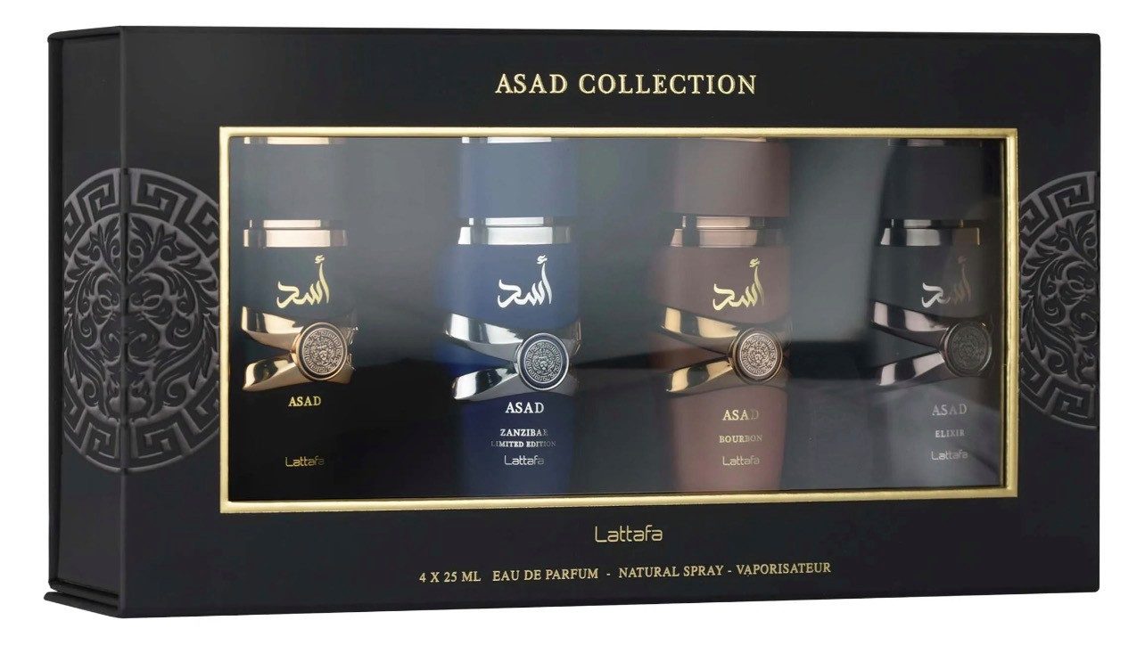 Lattafa Eau de Parfum Asad Colletion, 4x25 ml, Geschenk Set, Herrenduft, Arabischeduft, Asad, Asad Bourbon, Asad Elixir, Asad Zanzibar