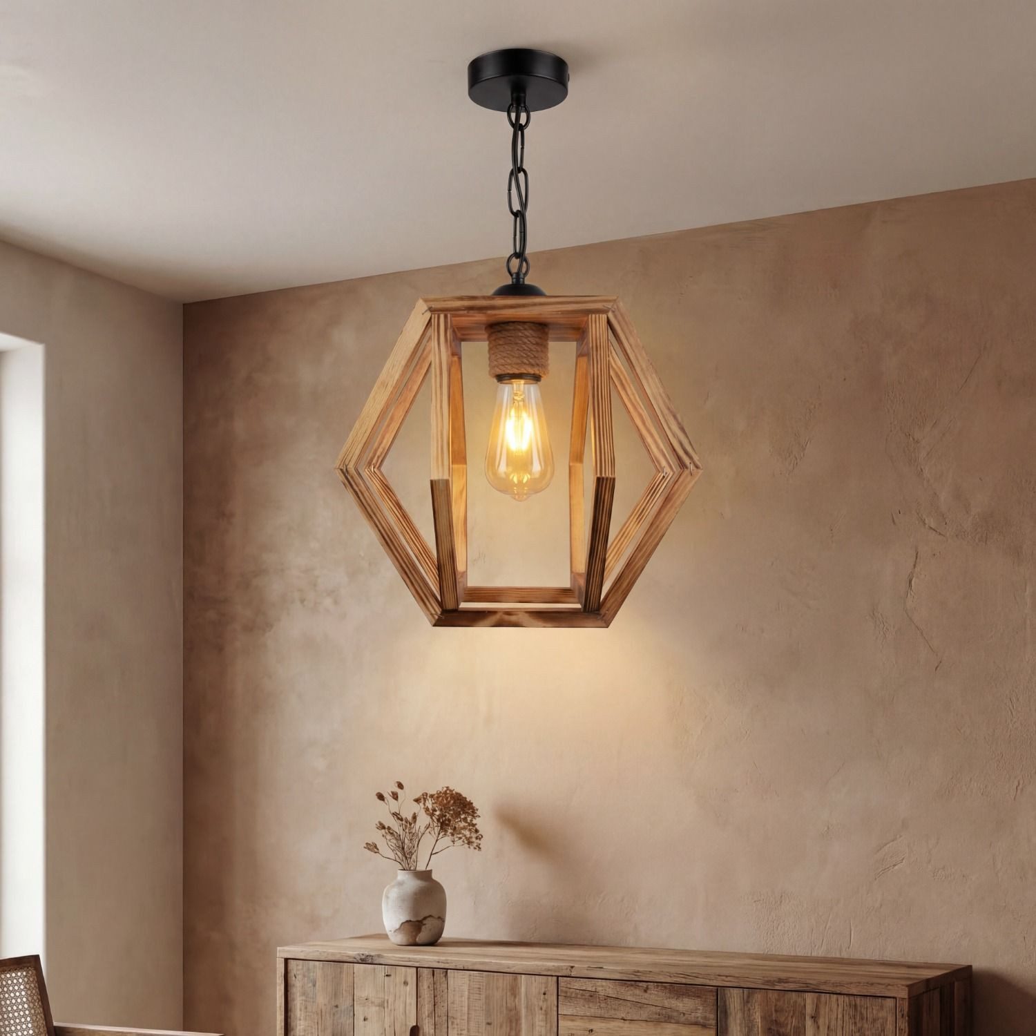 Licht-Erlebnisse Pendelleuchte CAMILO, ohne Leuchtmittel, Retro Design geflammtes Holz Metall B: 27 cm H: max. 100 cm E27