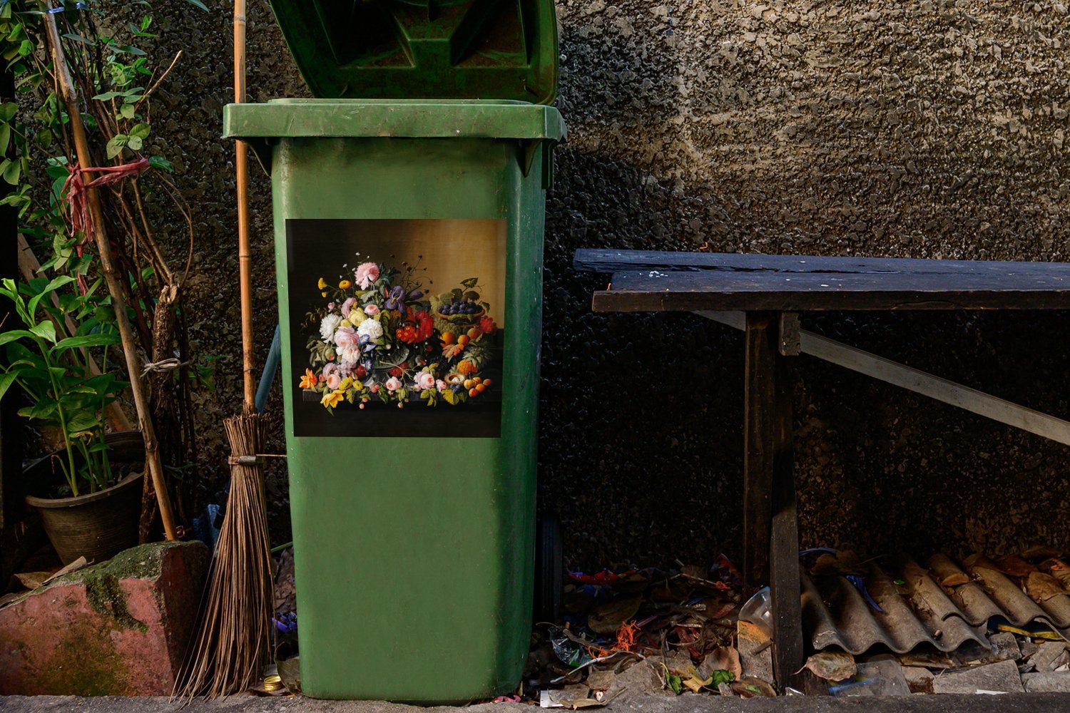 MuchoWow Stilleben Container, St), Wandsticker Meister Mülltonne, Früchten Abfalbehälter mit und Sticker, - Kunstwerk - Blumen Alte (1 Mülleimer-aufkleber,