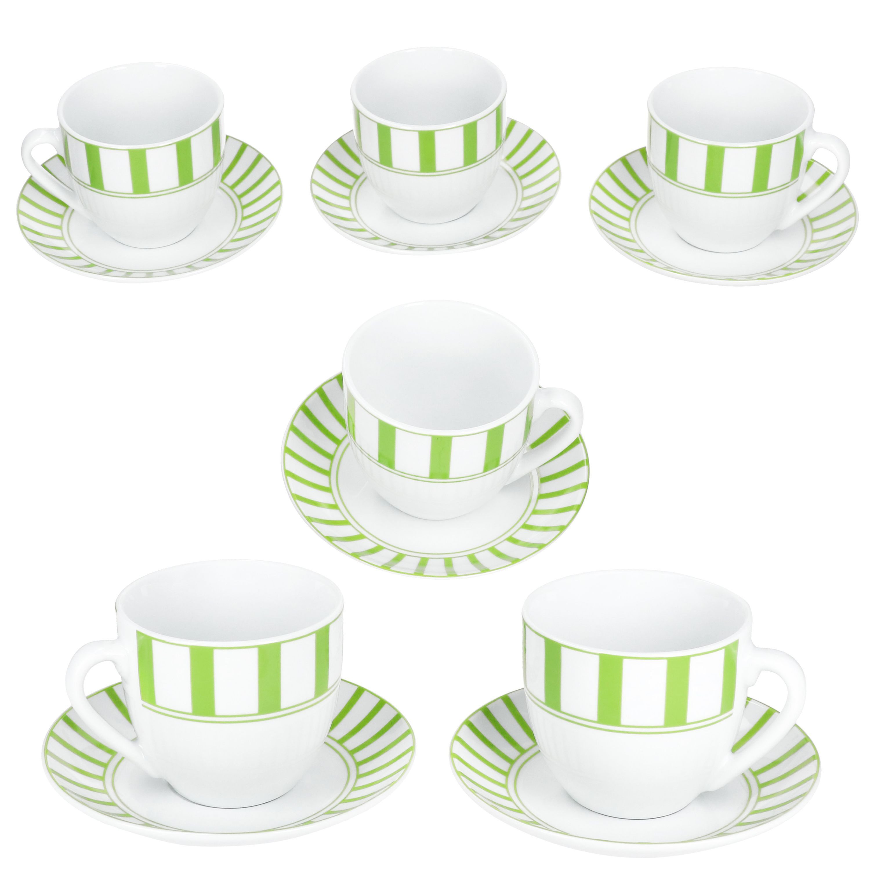MamboCat Tasse Split grün Kaffeetassen mit Untertassen für 6 Personen Streifen Tee, Porzellan