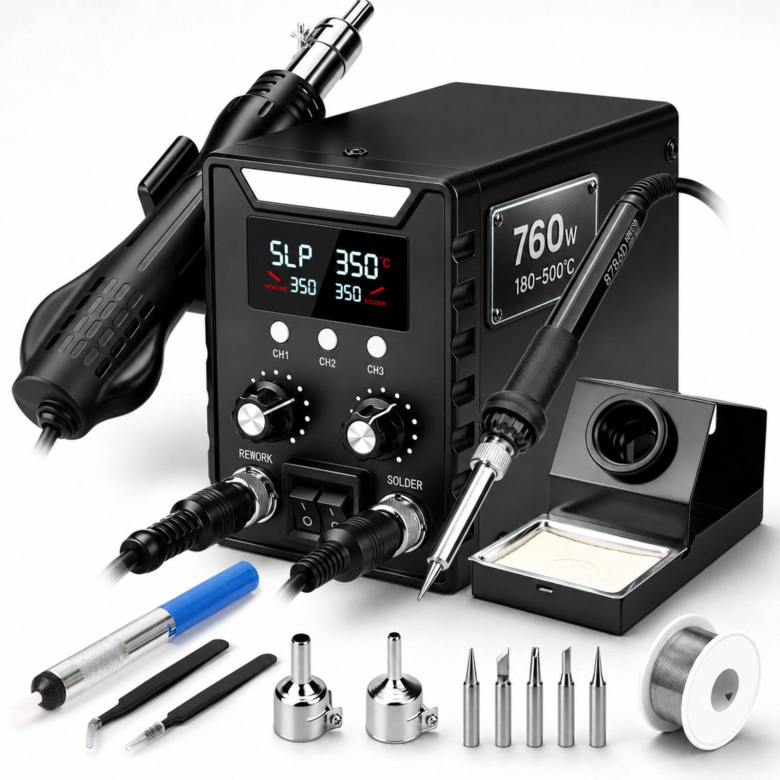 XERSEK Lötkolben 760W 2in1 Heißluft Lötstation mit 5 Lötspitzen LED-Display 100-500℃, 3 Temperaturspeicher Heißluftlötstation, Entlötstation für Elektronikreparatur, DIY Projekten