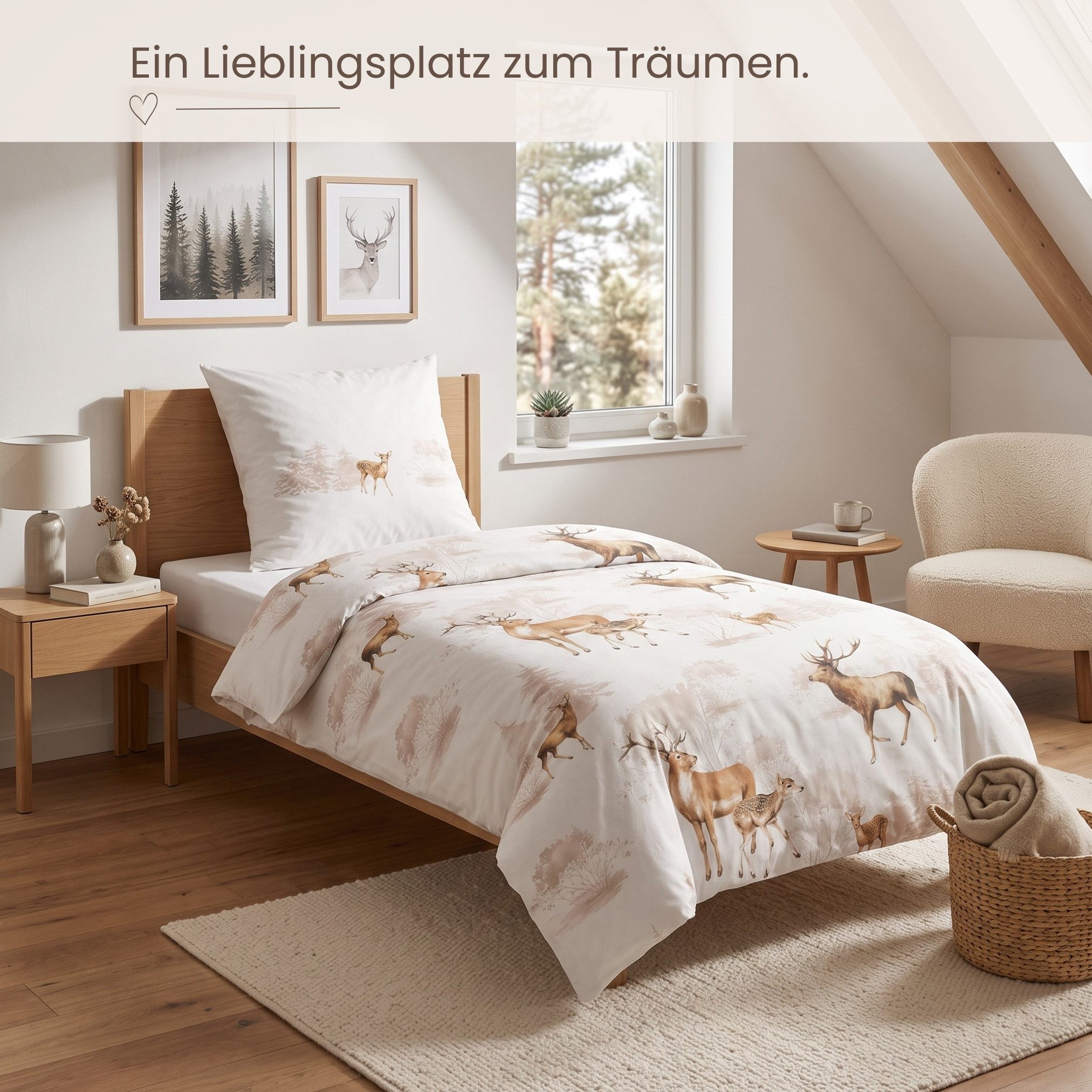 MTOnlinehandel Bettwäsche Waldgeflüster 135x200 cm Renforcé, Hirsch & Reh, 100% Baumwolle, 2 teilig, Harmonisches Naturdesign in sanften Farbtönen – Bild 5 von 5