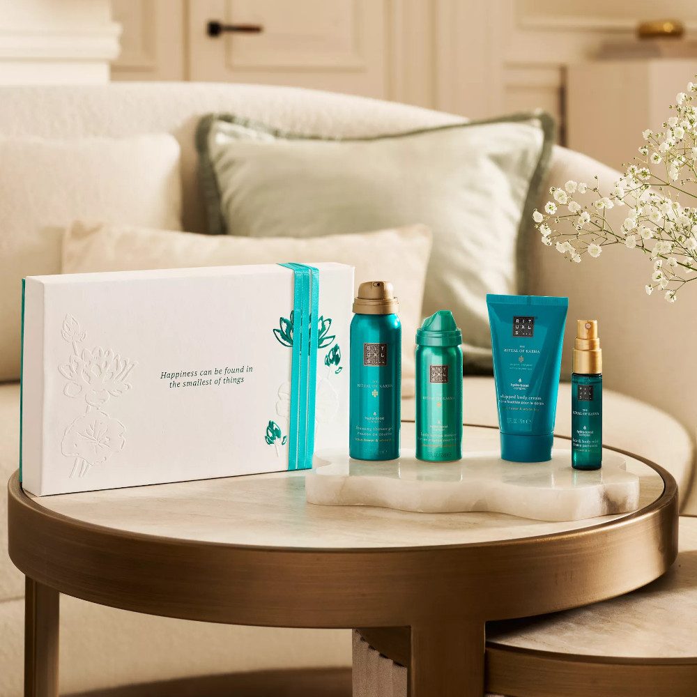 Rituals Pflege-Geschenkset Rituals Karma Geschenkset – 4-teilig mit Dusch & Pflege, 4-tlg., 4-teiliges Karma Set mit Lotus & weißem Tee – erfrischend & pflegend