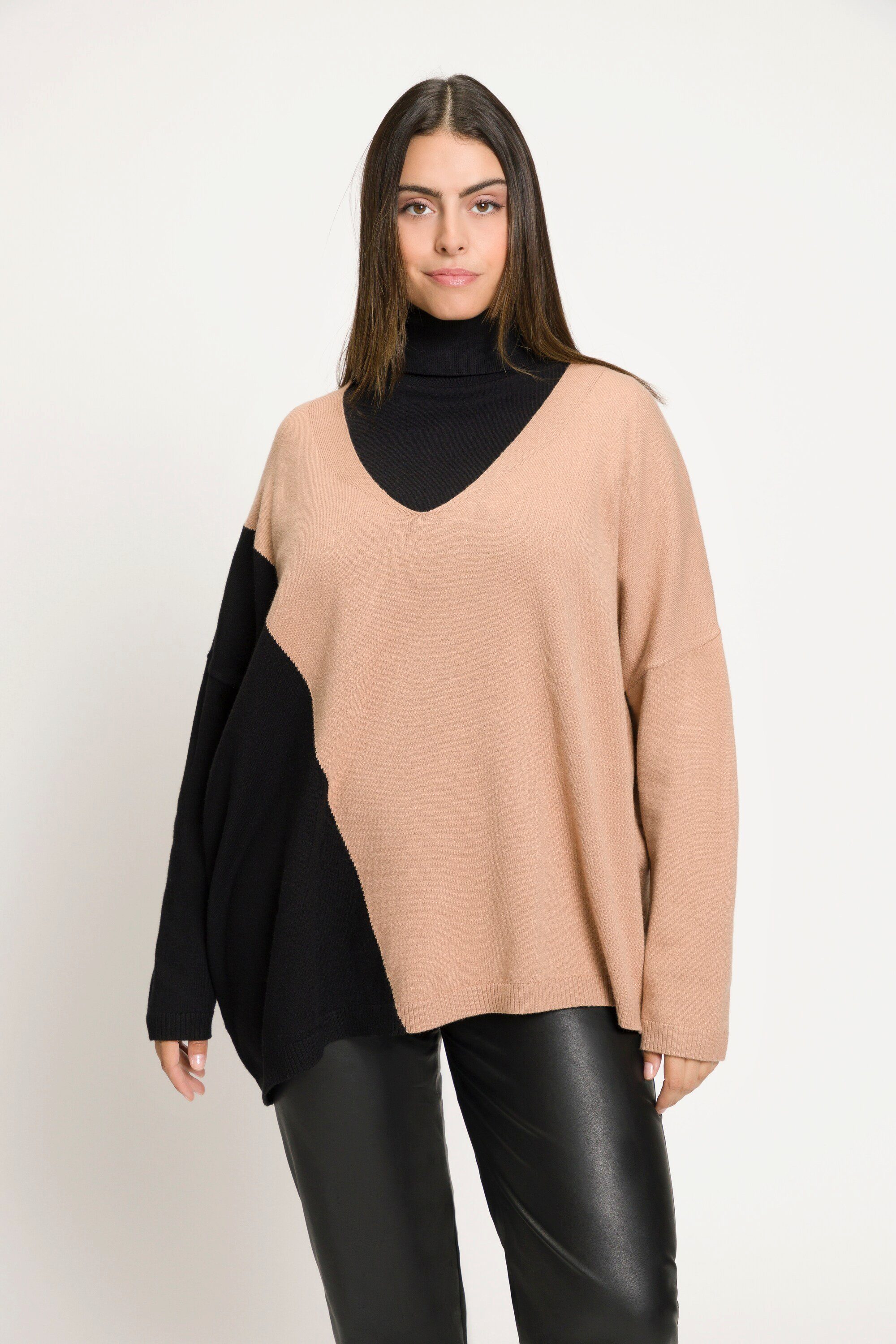 Ulla Popken Strickpullover Pullover Colorblocking Oversized Stehkragen natur