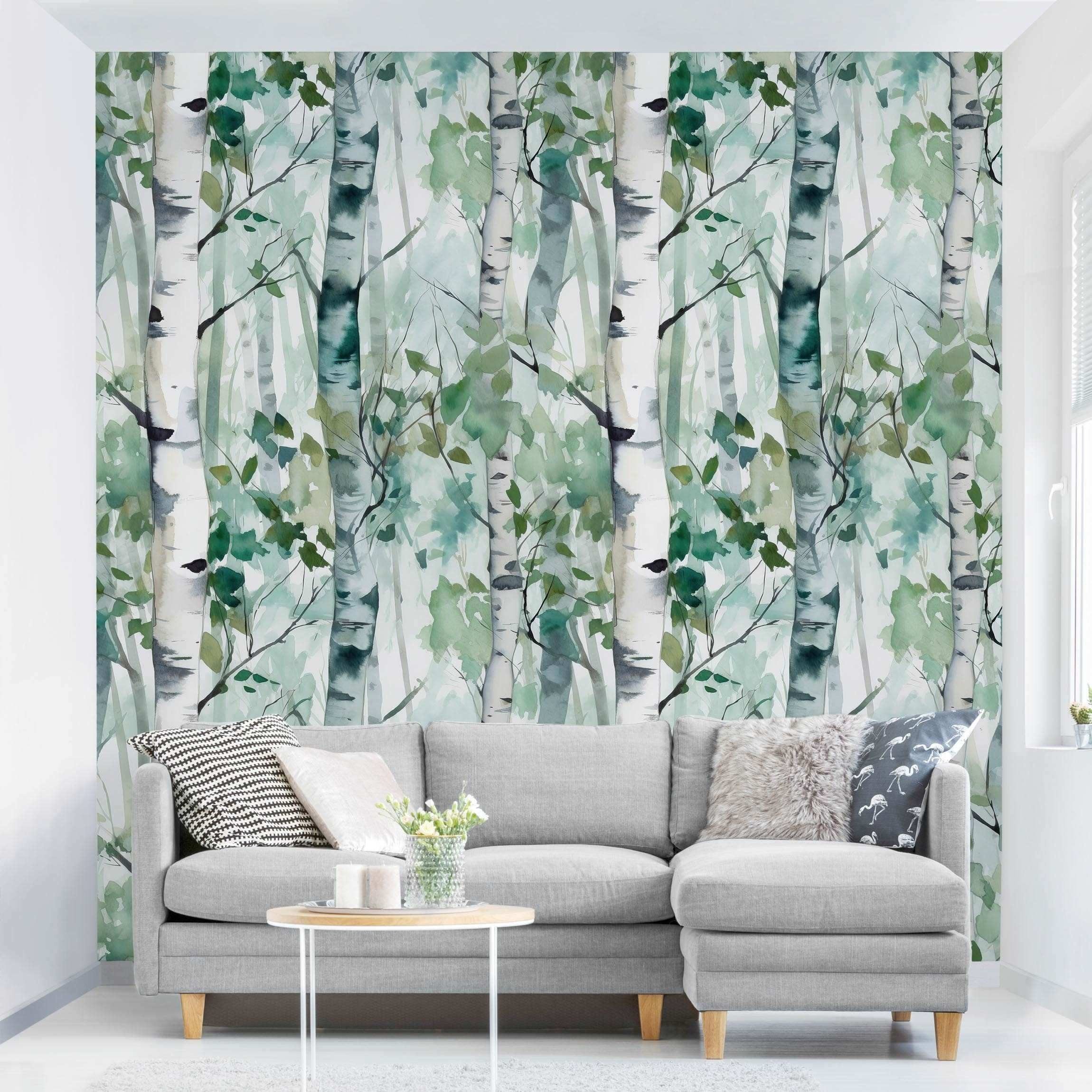 Bilderdepot24 Fototapete Wald Aquarell Birkenwald Sommer Natur Bäume, Glatt, Matt, (Vliestapete inkl. Kleister oder selbstklebend), Wohnzimmer Schlafzimmer Küche Flur Motivtapete Vliestapete Wandtapete