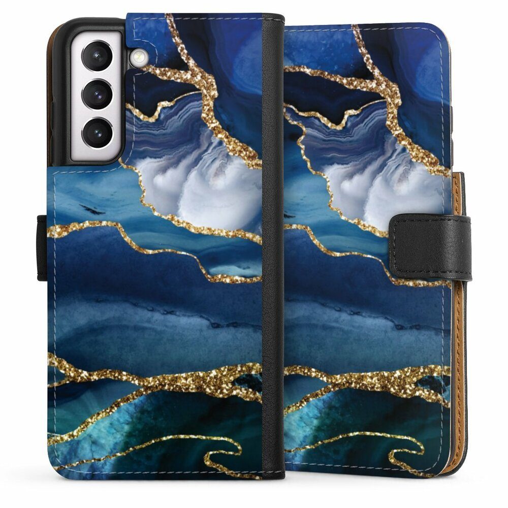 DeinDesign Handyhülle Blue Marble Gold Glitter Look, Hülle, Handy Flip Case, Wallet Cover, Handytasche Leder Marmor Blau Gold & Kupfer