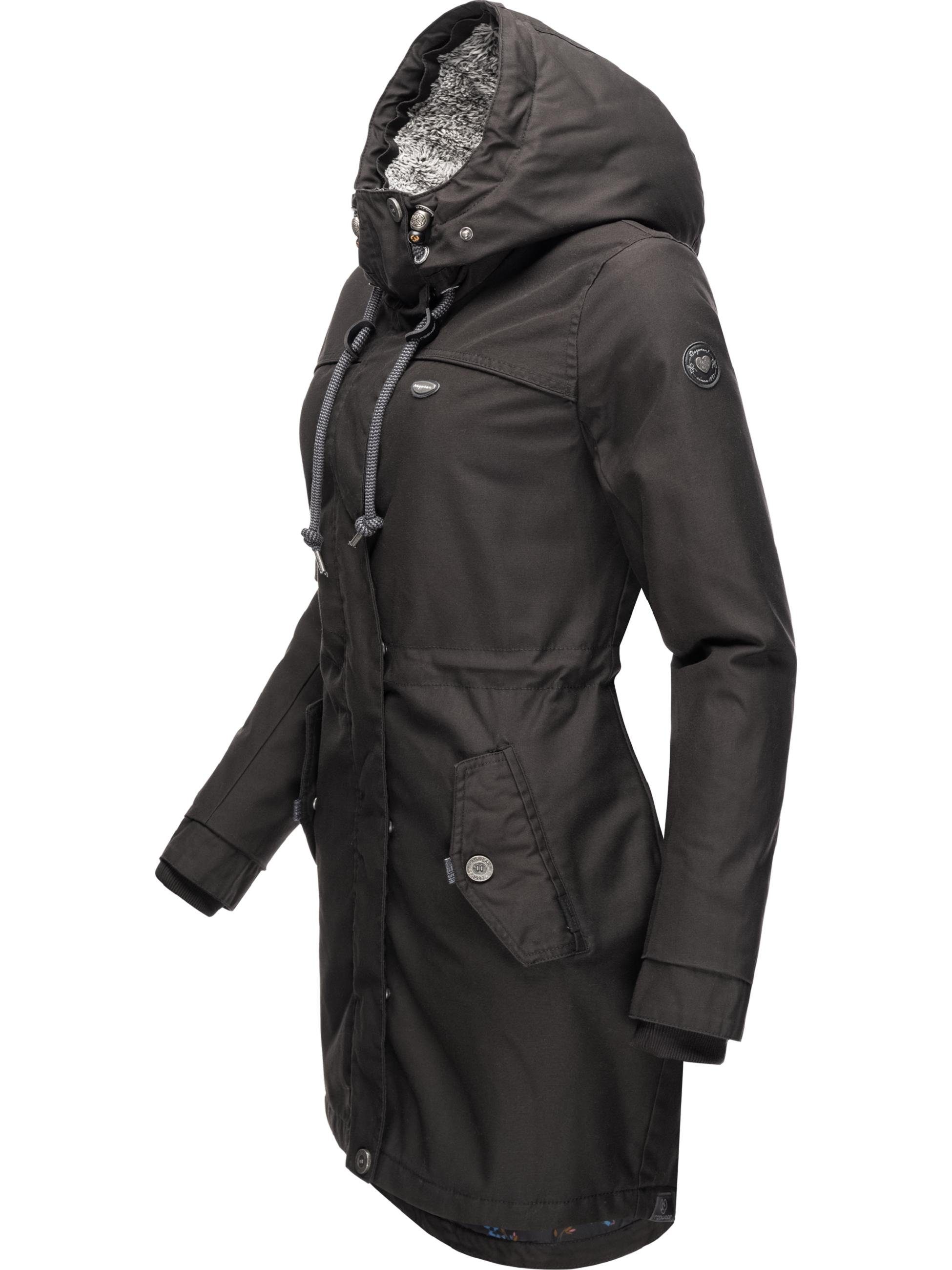 Kunstfellkragen stylischer Tawny großer Kapuze Winterparka Ragwear mit Wintermantel Schwarz und