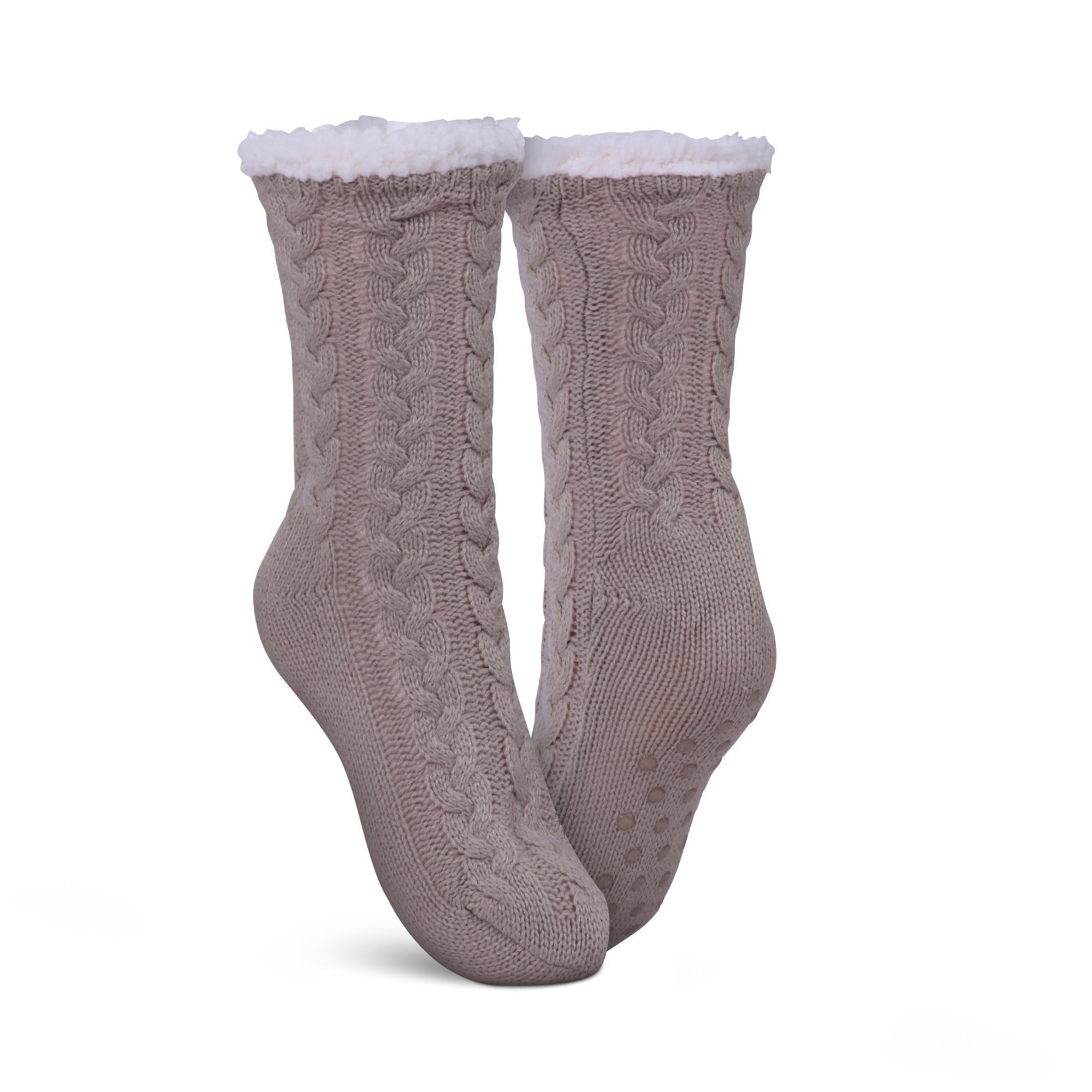 Bestlivings ABS-Socken Hüttensocken 36-42 (1-Paar) Socken ) Hüttensocken plüschig Teddyfutter, Beige mit Stoppersocken Zopfmuster Haussocken (