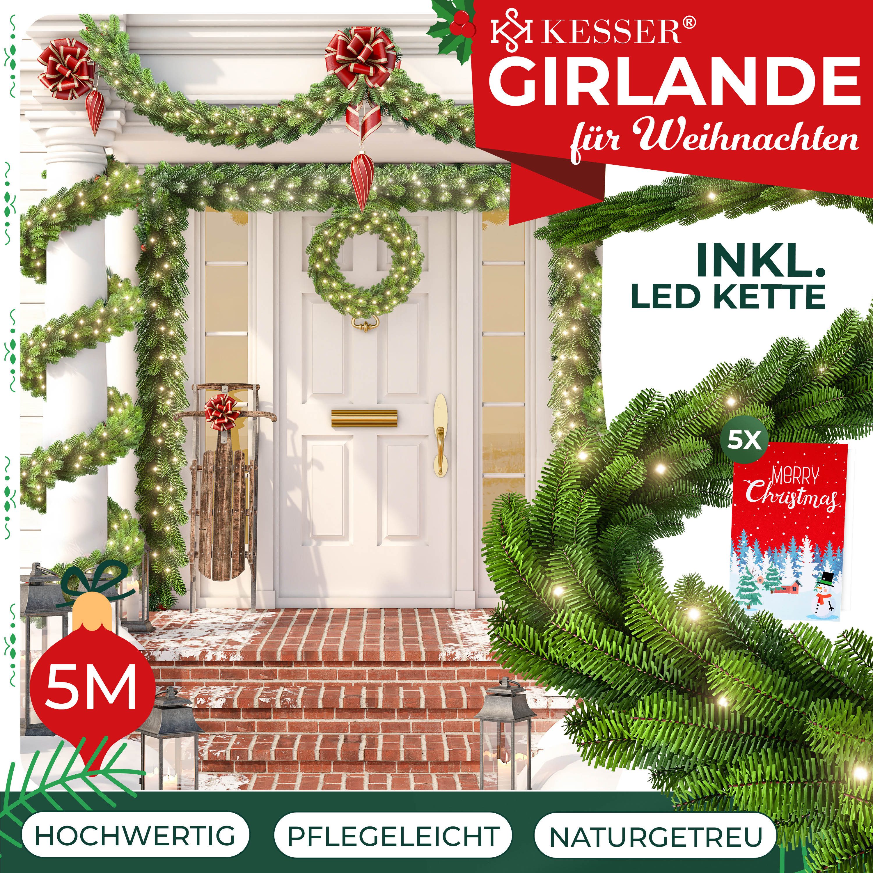 Kunstgirlande Weihnachtsgirlande LED Girlande 5m inkl. 5x Grüßkarten, KESSER, Weihnachtsdeko, Tannengirlande mit LED-Beleuchtung, In & Outdoor
