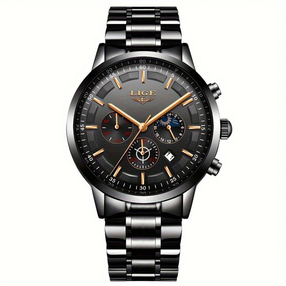 Lige Luxus Herren Business Watch, mit Datum, Weltzeit, Leuchtenden Zeigern, Edelstahlarmband & Gehäuse