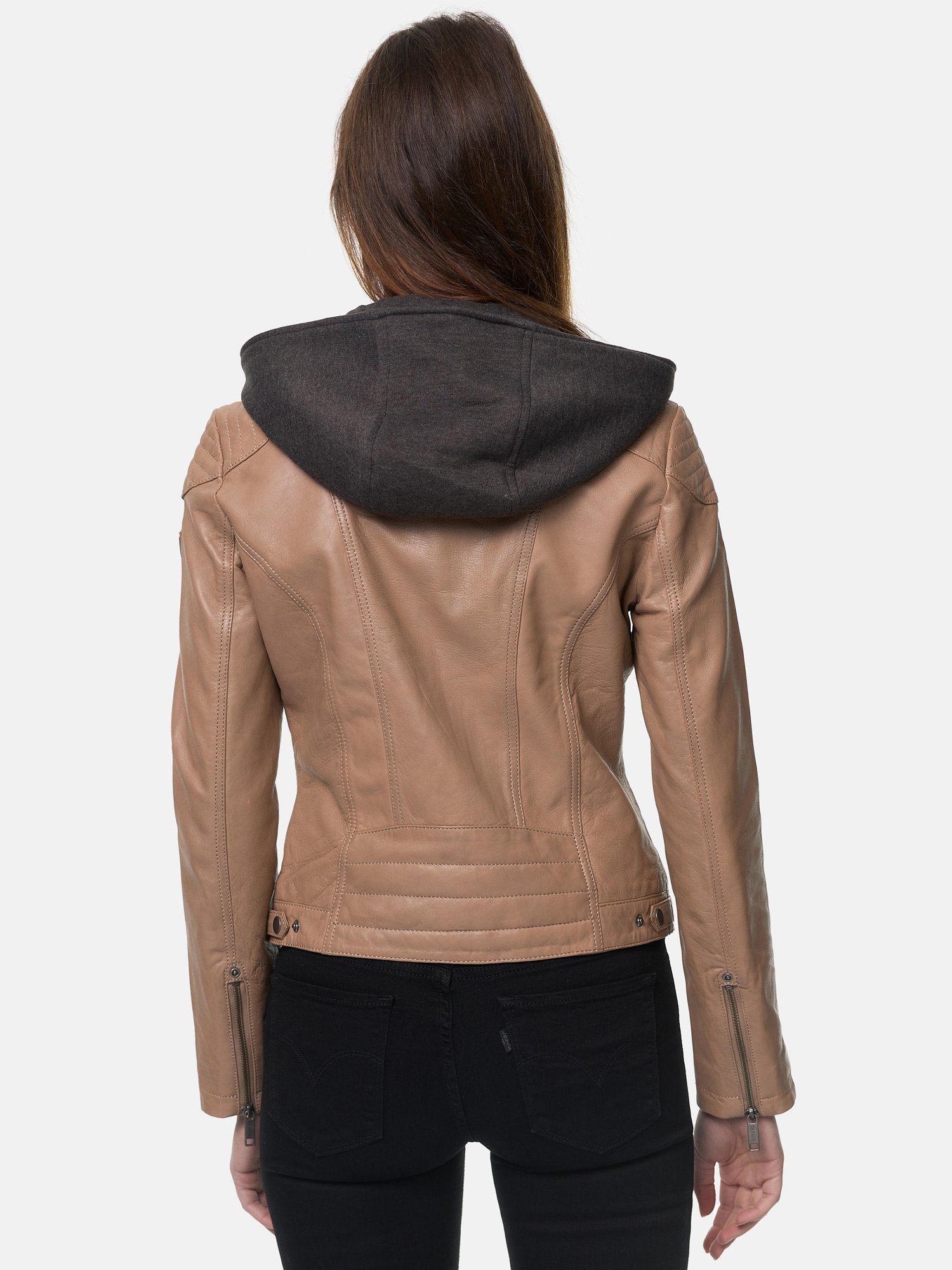 F503 Kapuze Damen abnehmbarer Look Tazzio mit Leder Lederjacke beige Biker im Jacke