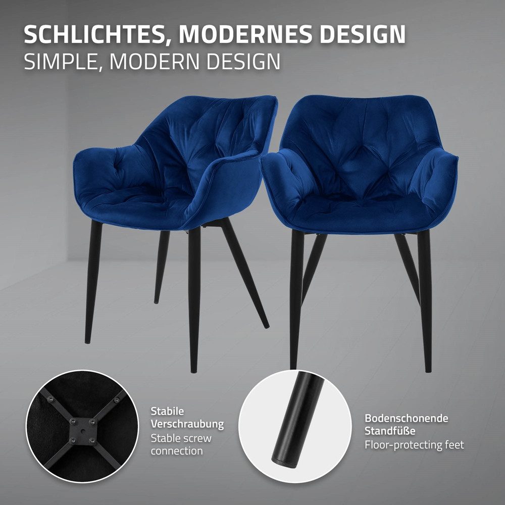 ML-DESIGN Stuhl Esszimmerstuhl mit Rückenlehnen und Armlehnen aus Samt mit Metallbeine (2 St), Ergonomischer Sessel Dunkelblau Wohnzimmerstuhl Polsterstuhl – Bild 4 von 5