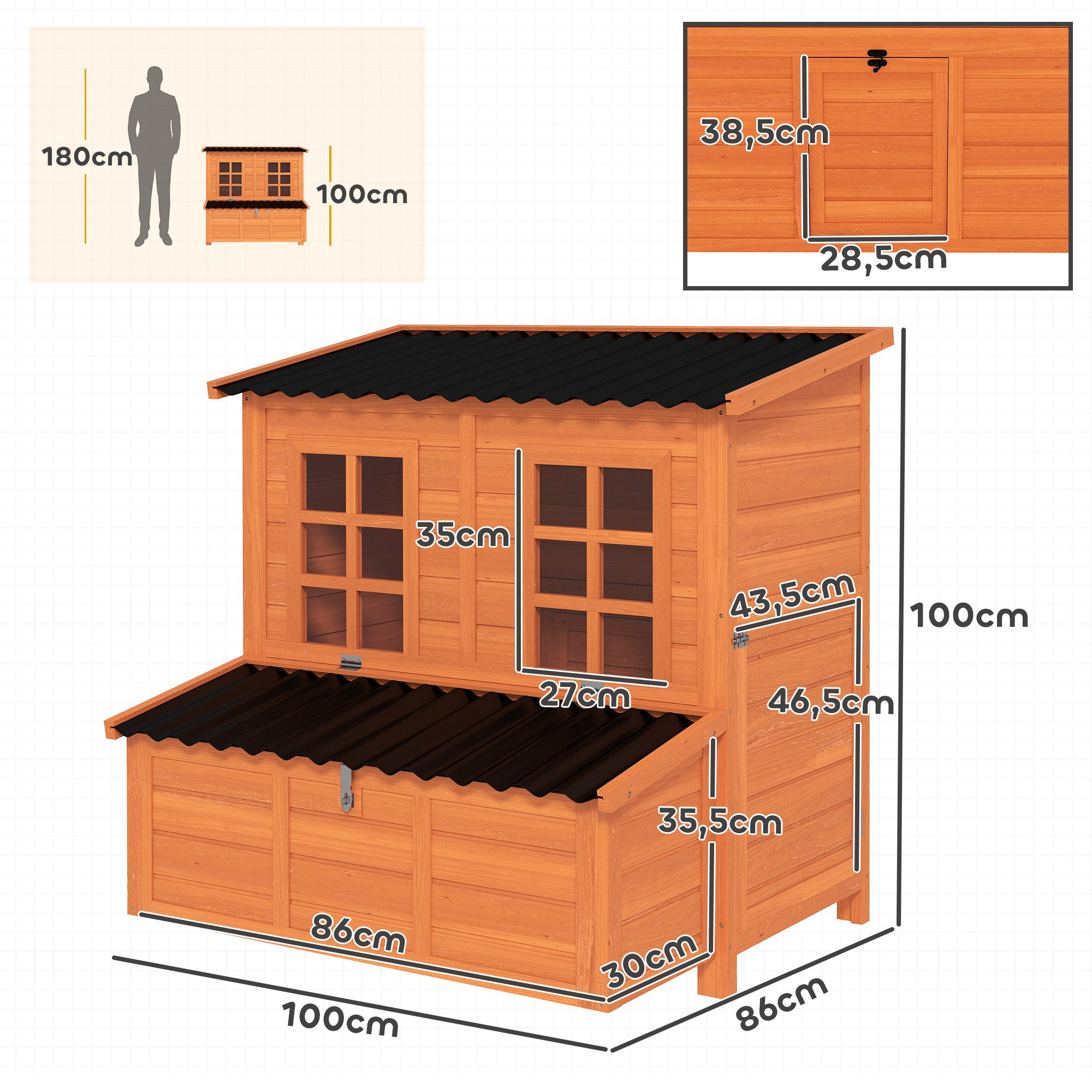 PawHut Hühnerstall Hühnerhaus aus Holz, Freilaufgehege mit Türen, Nistkasten, 100 x 86 x 100 cm, Orange