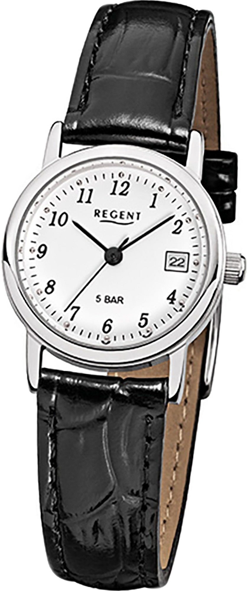 Regent Quarzuhr Regent Leder Damen Uhr F-827 Quarzuhr, Damenuhr Lederarmband schwarz, rundes Gehäuse, klein (ca. 25mm)