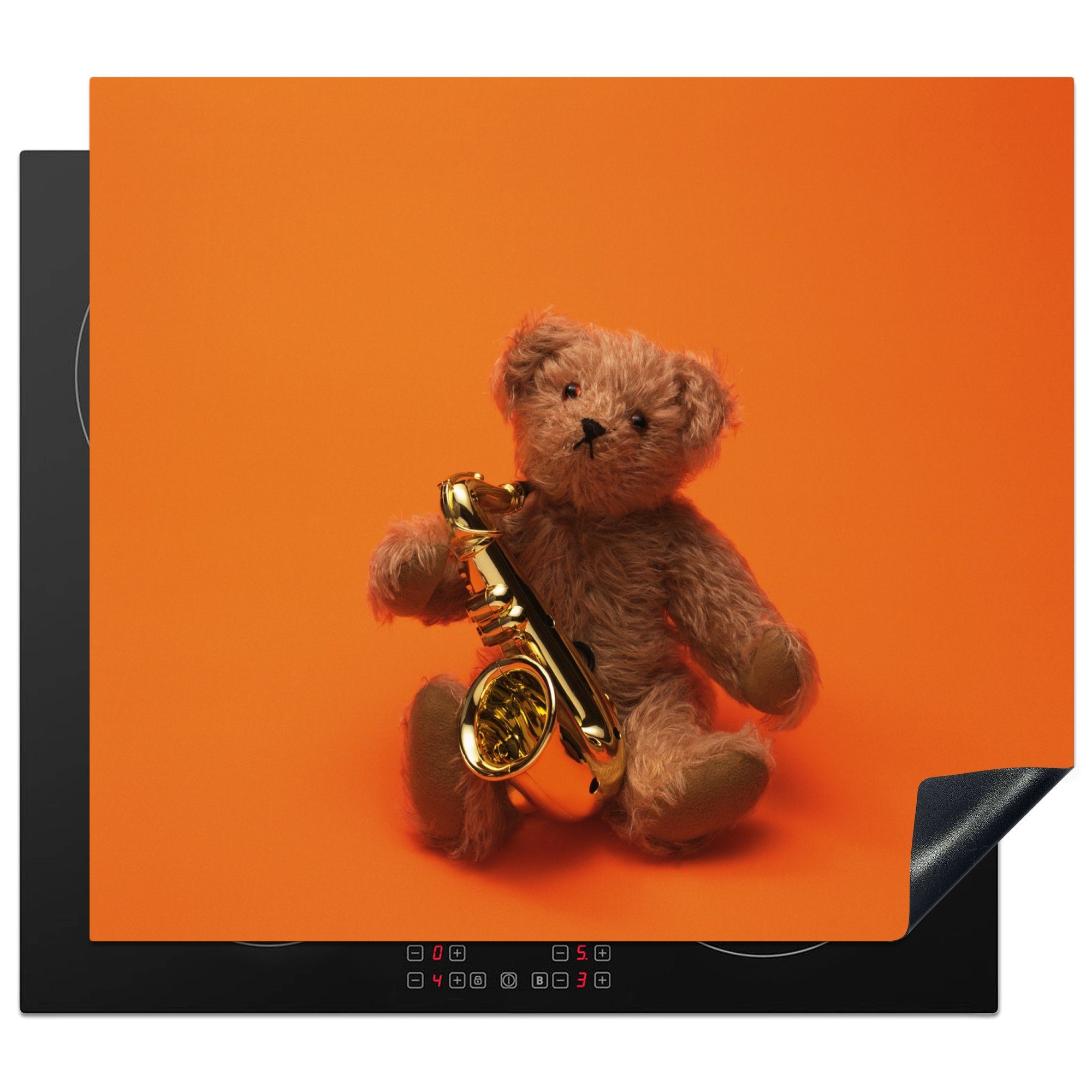 MuchoWow Herdblende-/Abdeckplatte Teddybär 60x52 Ceranfeldabdeckung (1 cm, Saxophon, Vinyl, tlg), mit nutzbar, Arbeitsfläche Mobile