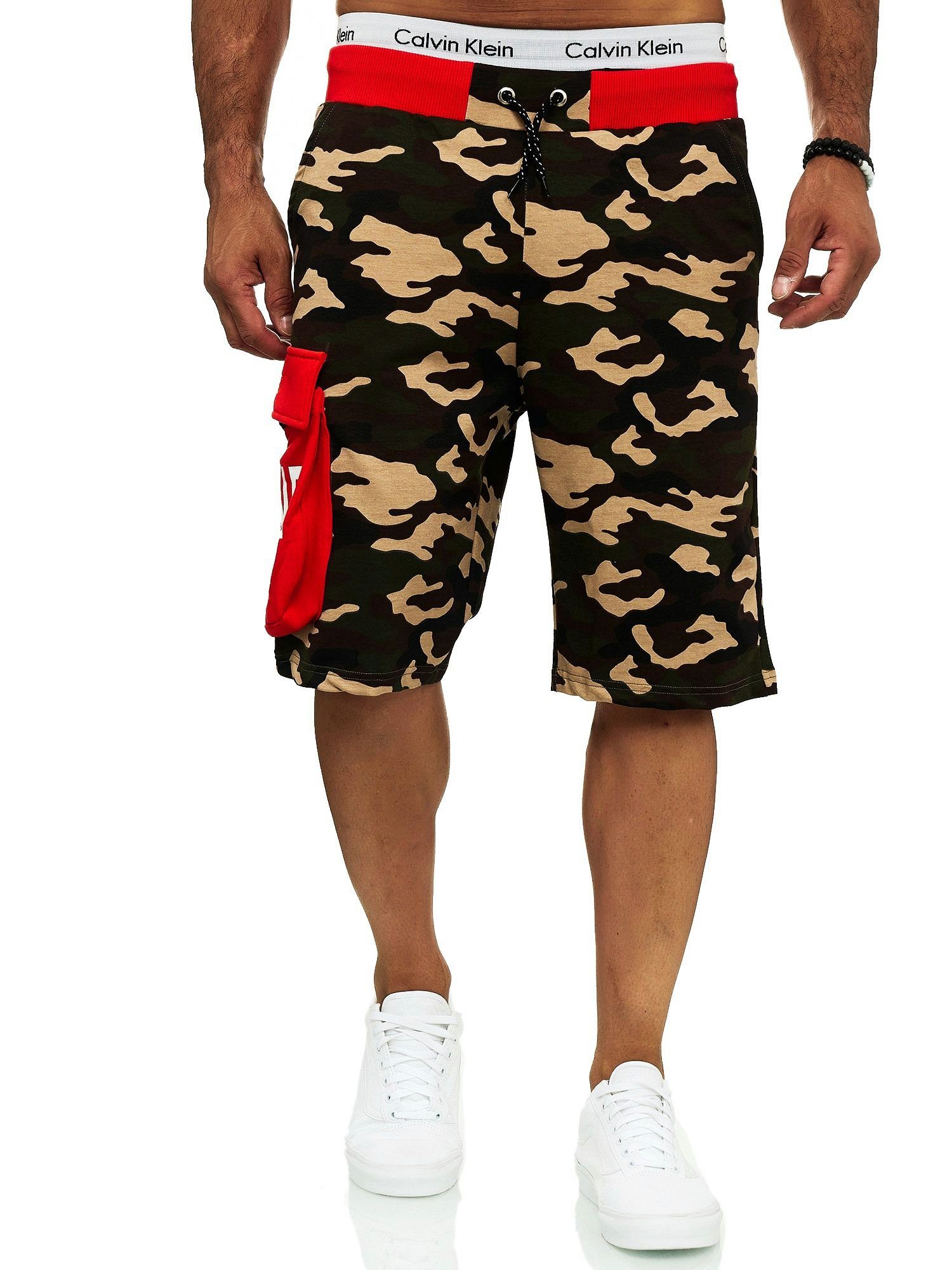 Sweatpants, im Freizeit Fitness modischem Shorts (Kurze 1-tlg., OneRedox 12141C Design) Hose Rot Bermudas Casual