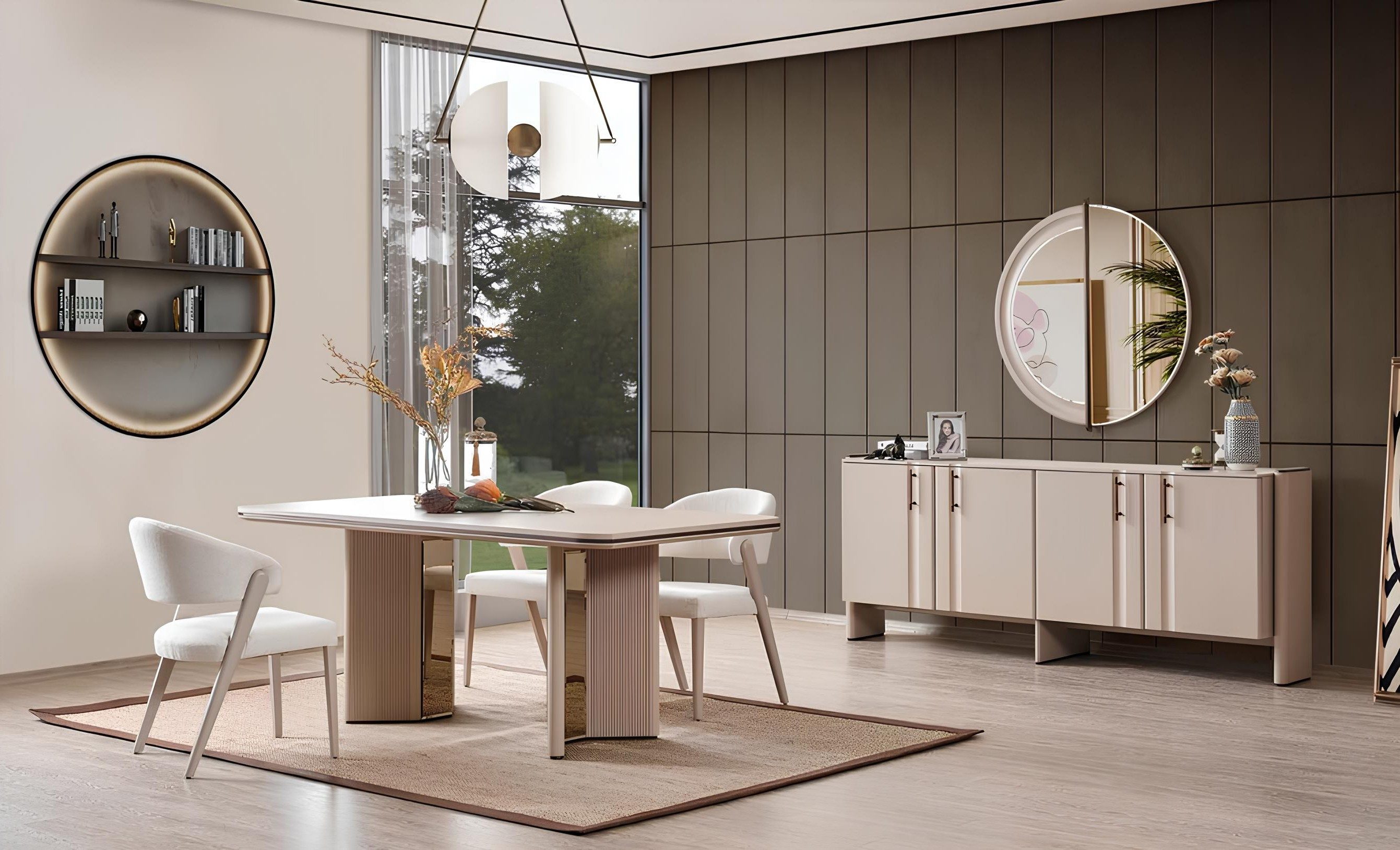 Xlmoebel Esszimmer-Set Beige Esszimmer Garnitur mit Tisch, Stühlen, Sideboard und Spiege, (7-St), Made in Europa