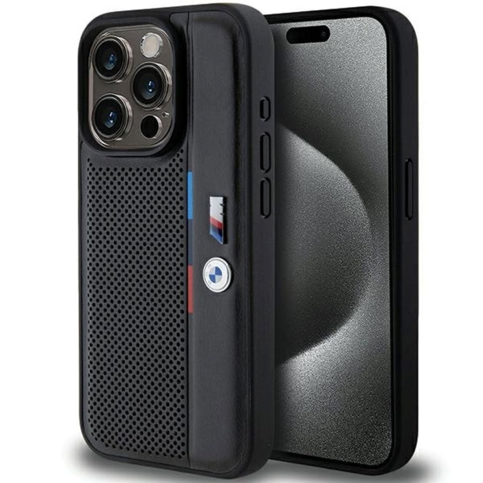 BMW Handyhülle Hardcase iPhone 15 Pro schwarz Logo Metall Kunstleder 6,1 Zoll, Kantenschutz