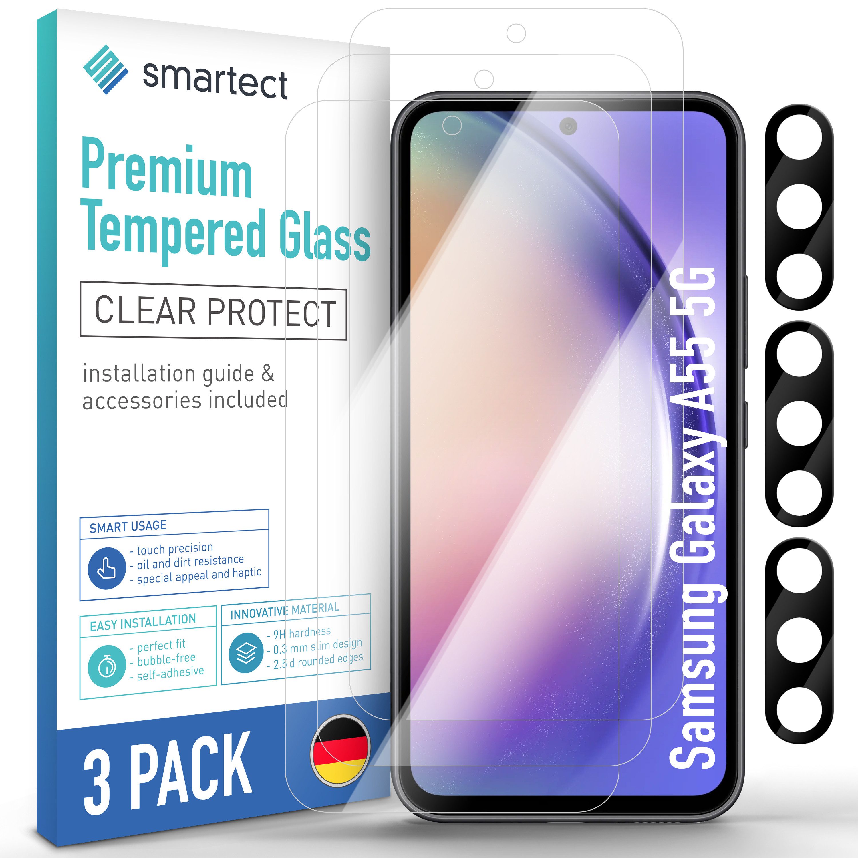 smartect Displayschutzglas Schutzglas Panzerfolie Klar für Galaxy A55 5G, Set, 3 Stück, (Display + Kamera) Schutzfolie Glasschutz