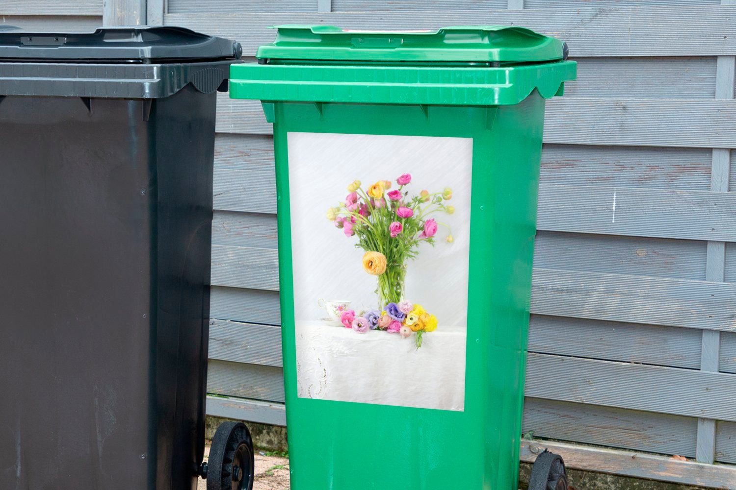 MuchoWow Wandsticker Stillleben - St), (1 Container, Mülleimer-aufkleber, Mülltonne, Sticker, Blumen Farben Abfalbehälter 