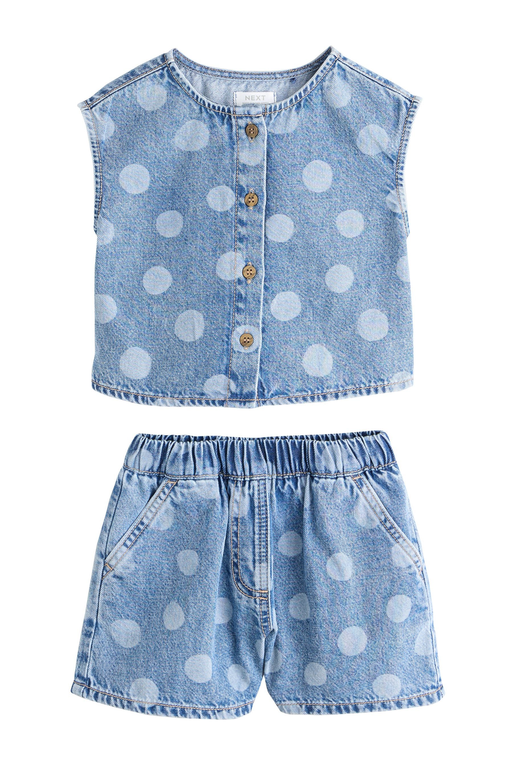 Top & Shorts Gepunktete Denim-Weste und Shorts im Set