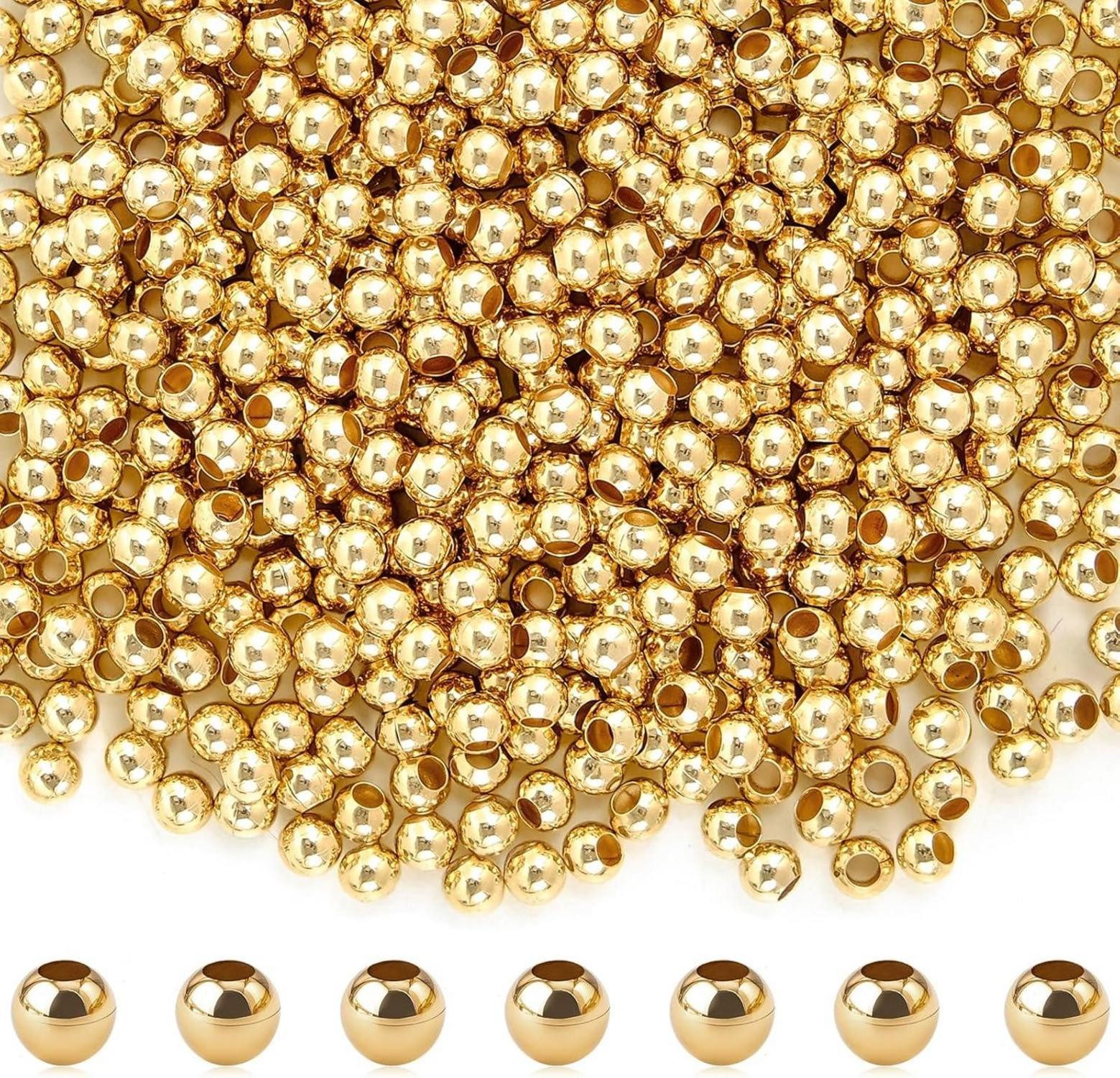 Schmuckset Perlen Gold 3mm, 600 Stück Vergoldete Messingperlen für DIY