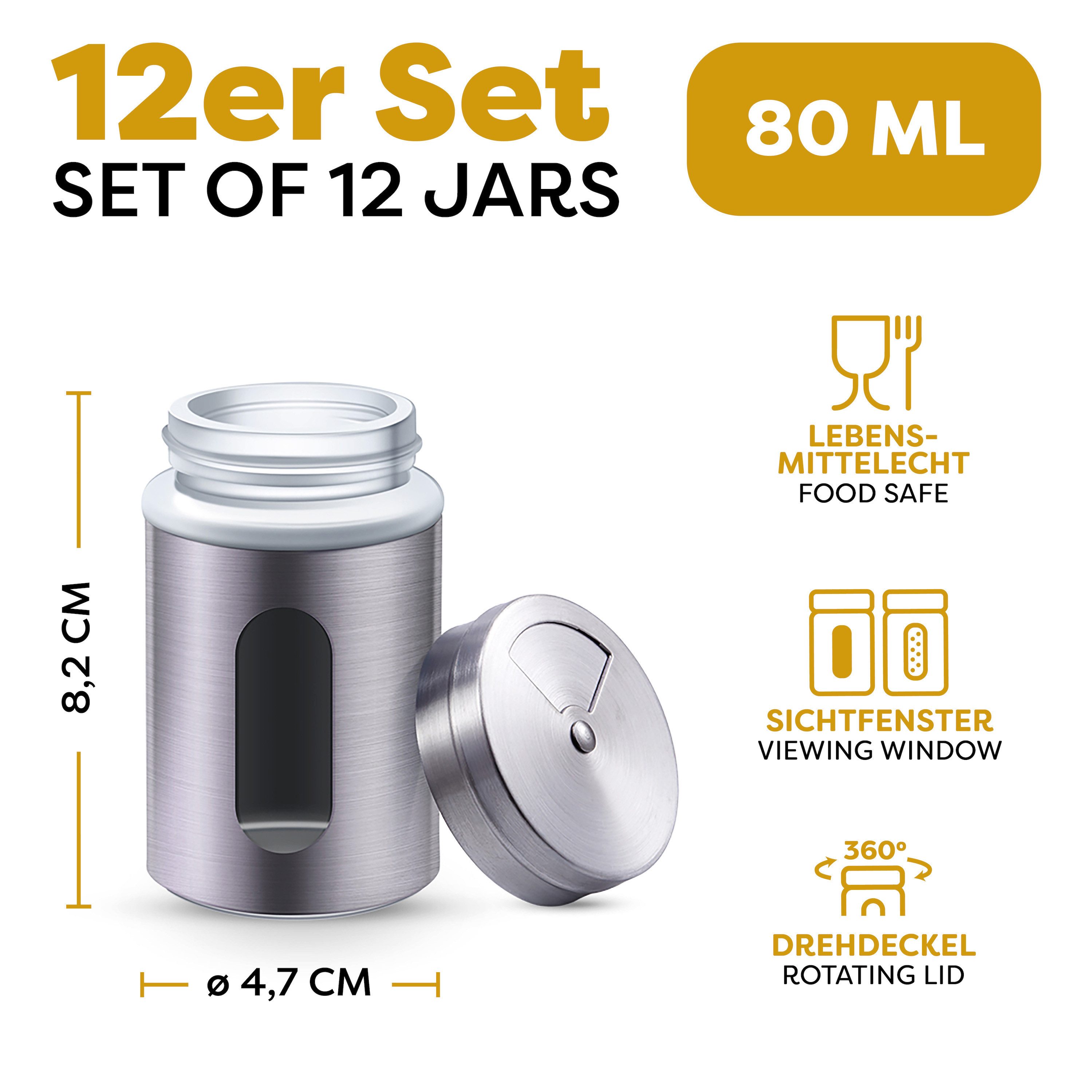 Praknu Salzstreuer 12 Gewürzdosen Silber I Gewürzstreuer Edelstahl Set 80ml, (Set, 12-tlg), Mit Sichtfenster und 3fach Streuregulierung - Gewürzgläser für Gewürze