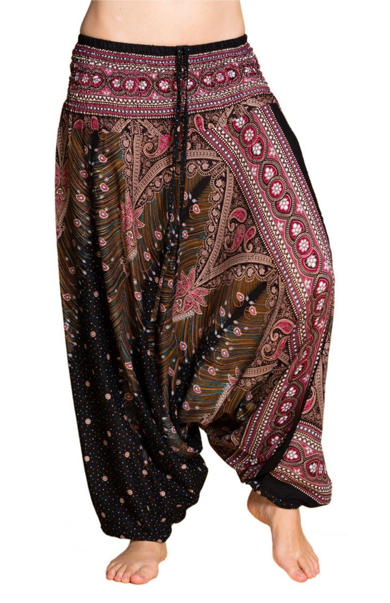PANASIAM Haremshose Aladinhose im schönen Peacock Design Haremshose aus 100% natürlicher Viskose auch als Overall tragbar Damen Pumphose bequeme Freizeithose