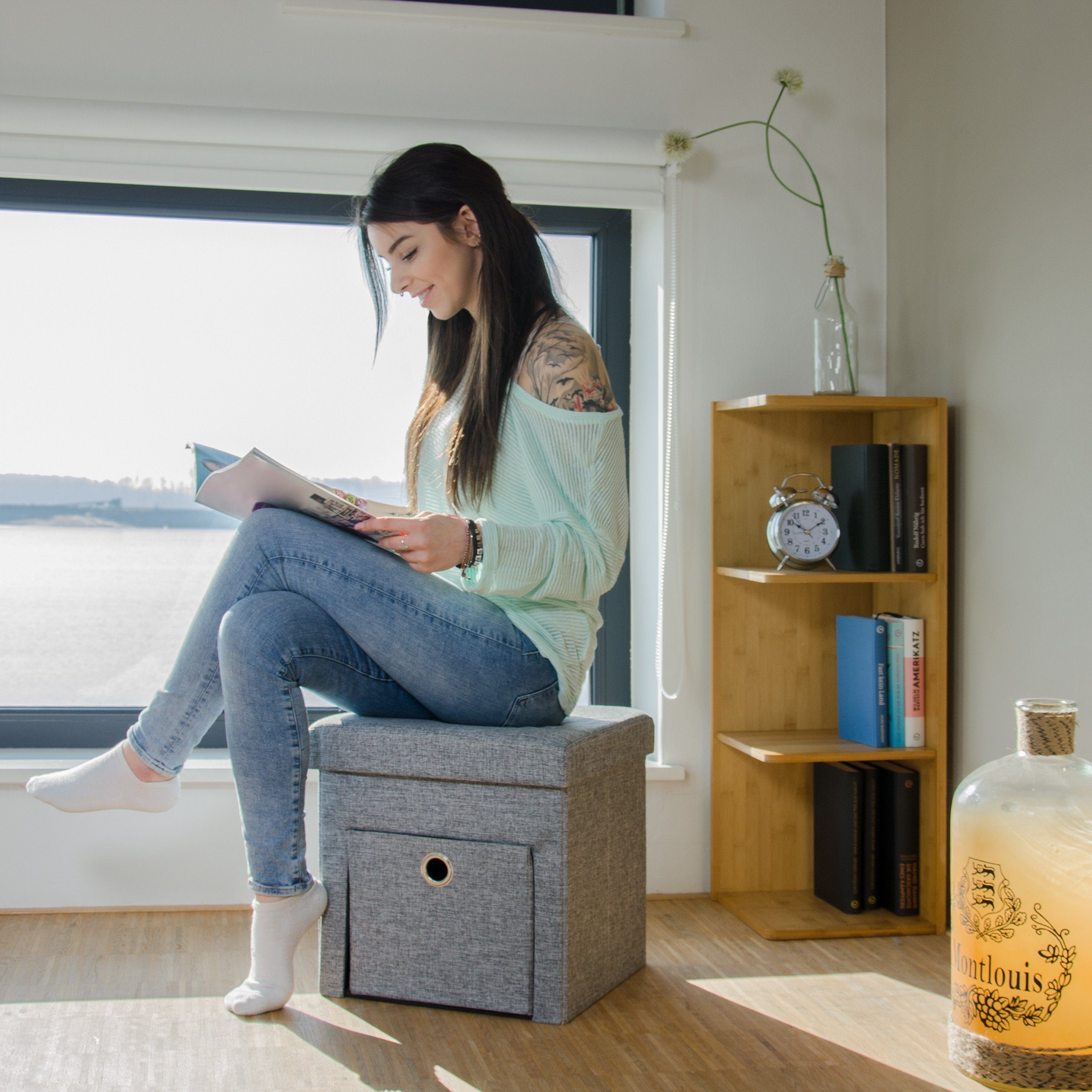 relaxdays Sitzhocker Faltbarer Sitzhocker Leinen mit Fach, grau günstig online kaufen