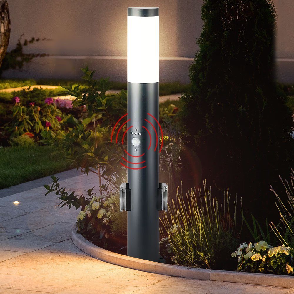Steh Lampe Garten Sockel Beleuchtung Bewegungssensor 2x Außen Steckdosen Leuchte 