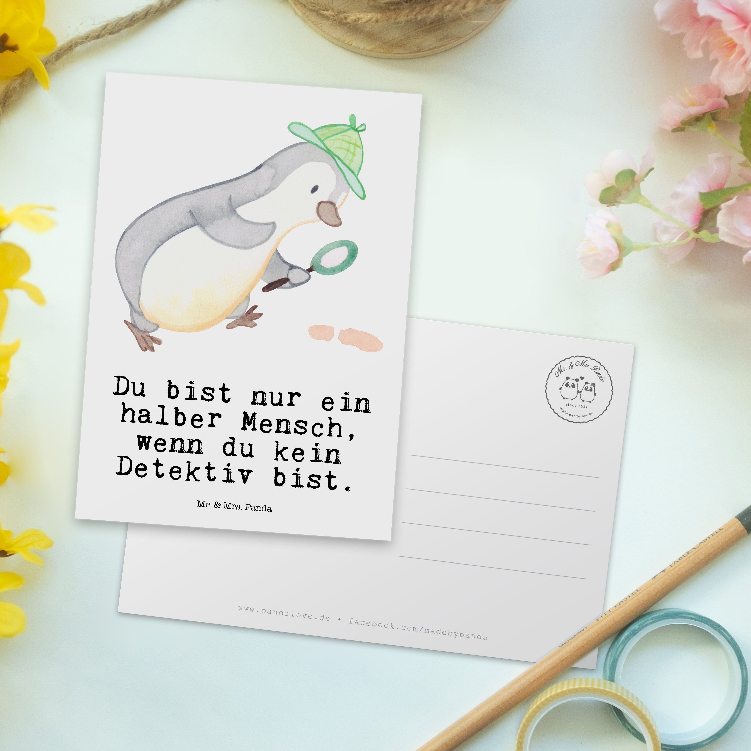 Herz Weiß Detektiv Dankeskarte, - mit E Einladung, Mrs. & Geschenk, Postkarte Mr. Panda - Karte,