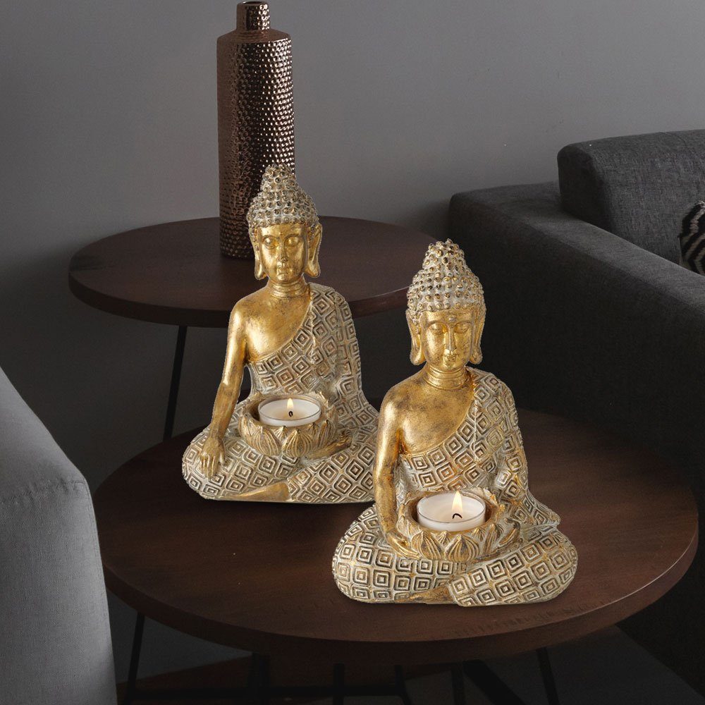 Höhe 19 cm Geschenk Meditation Buddha-Figur mit Teelichthalter 
