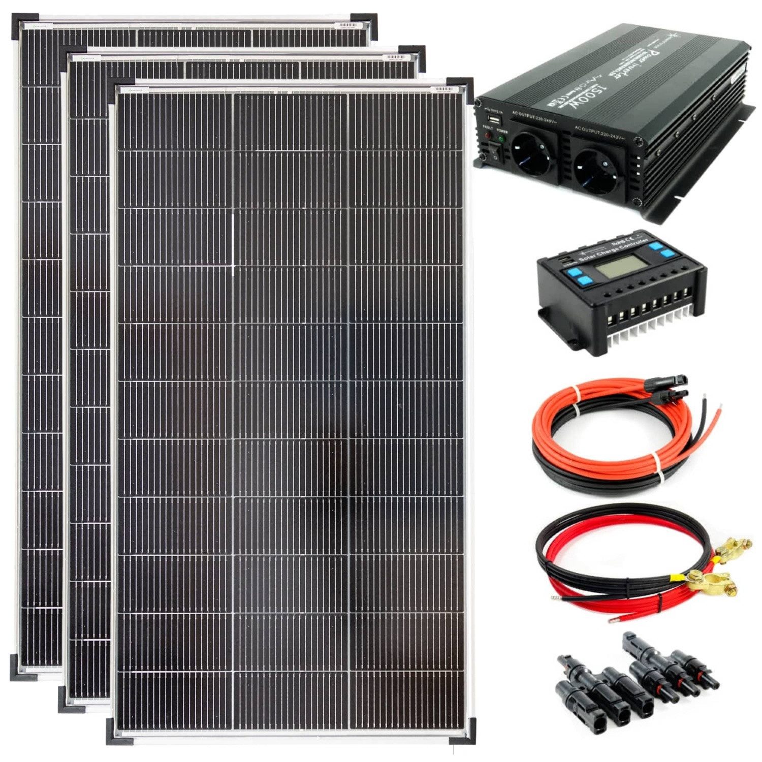 solartronics Solarmodul Set: 3x 120W Solarpanel, NM 1500W Inverter, 30A Laderegler, Zubehör, 120 W, Monokristallin