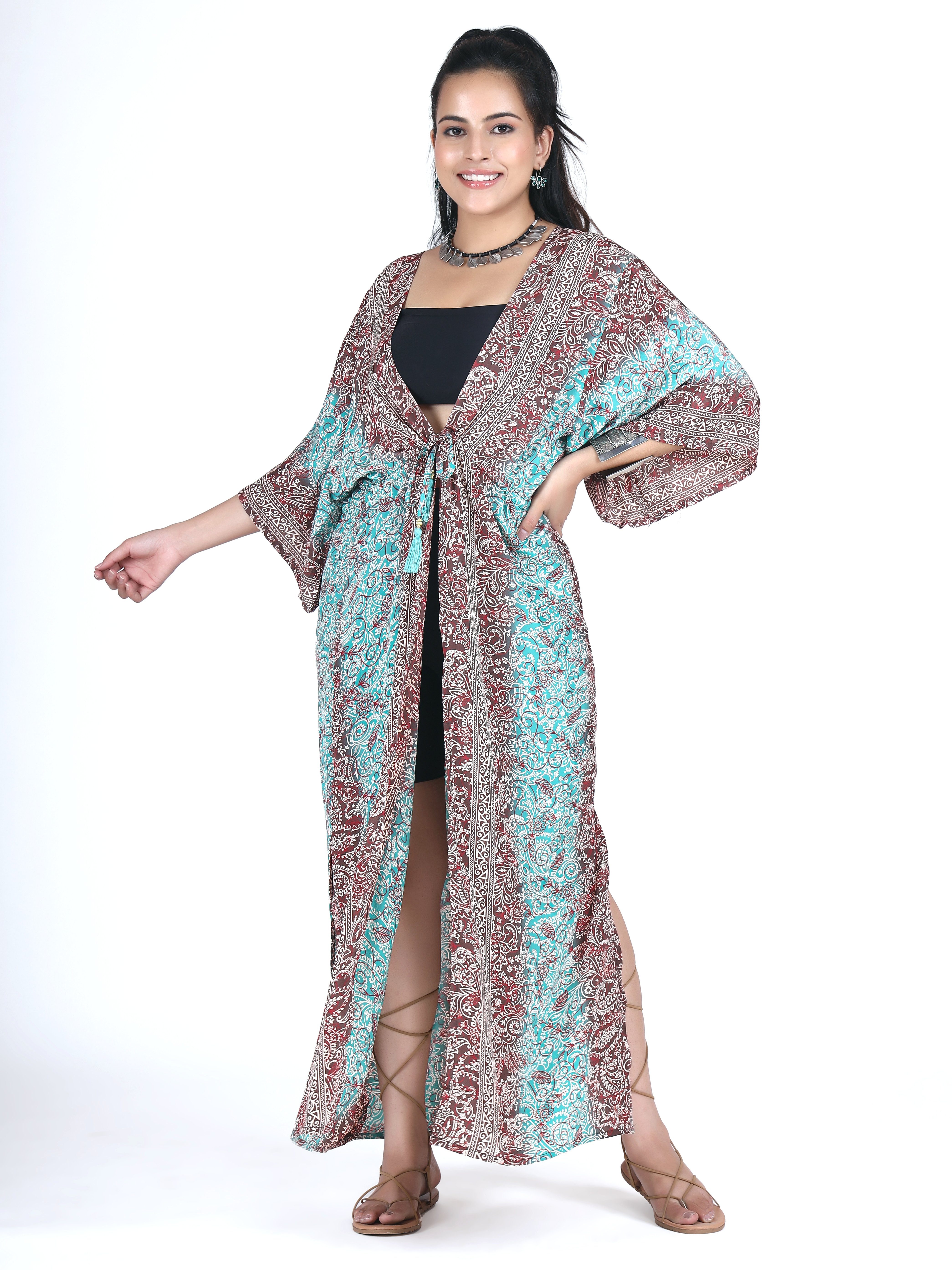 Kimonokleid, Guru-Shop seidig aqua/braun Boho Bekleidung glänzender Kimono alternative Kimono,..,