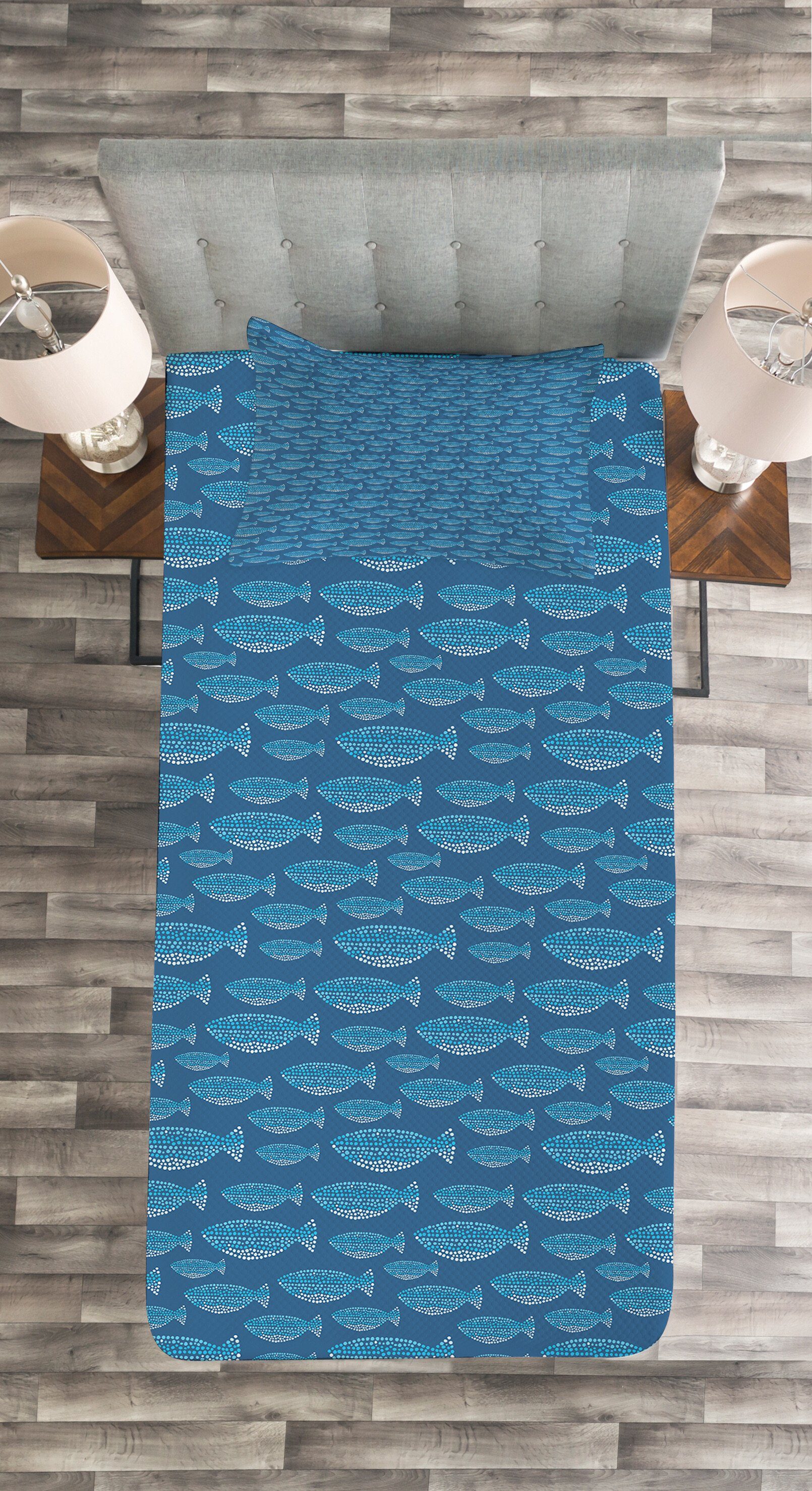 getönte Motiv Blau Abakuhaus, Kissenbezügen mit Tagesdecke Set Fisch Waschbar, Wasserleben