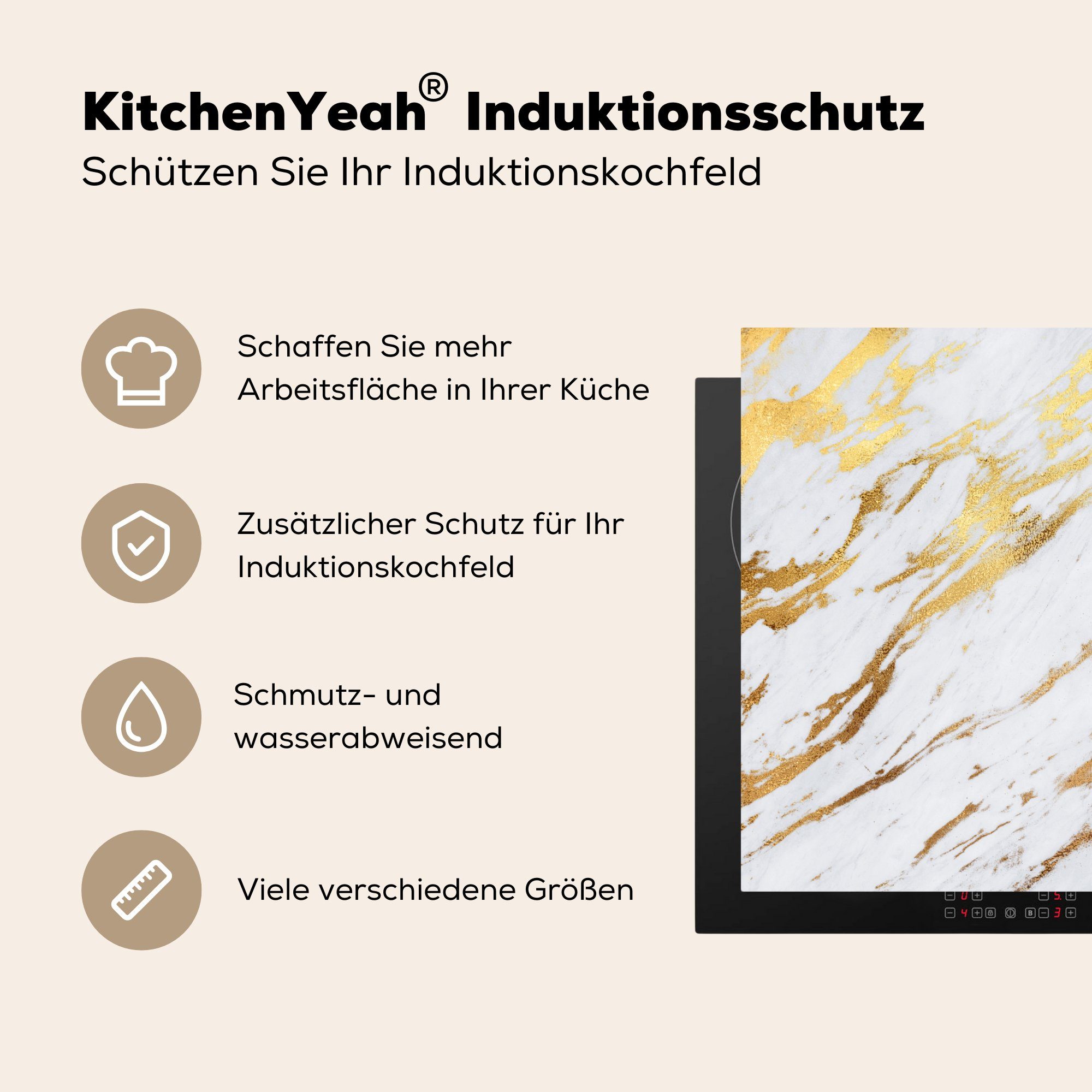 küche - - 78x78 (1 Ceranfeldabdeckung, Weiß Gold Marmor Luxus, tlg), für Herdblende-/Abdeckplatte cm, Arbeitsplatte Vinyl, MuchoWow -